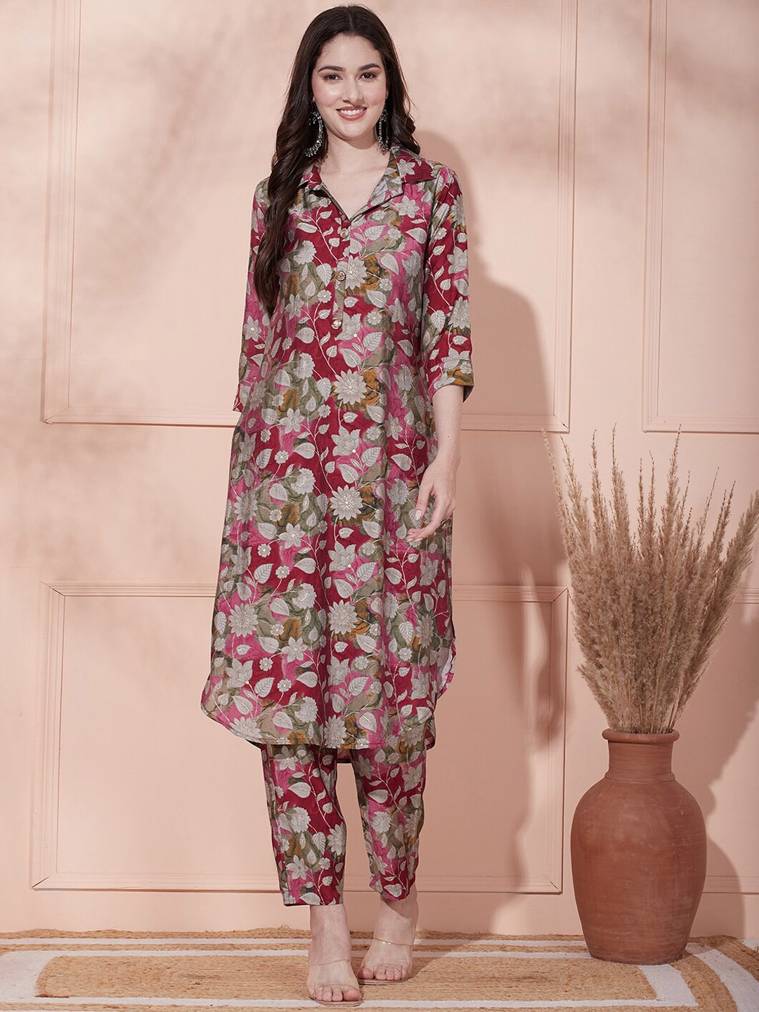 

FASHOR Floral Printed Shirt Collar A-Line Kurta with Trouser, Magenta
