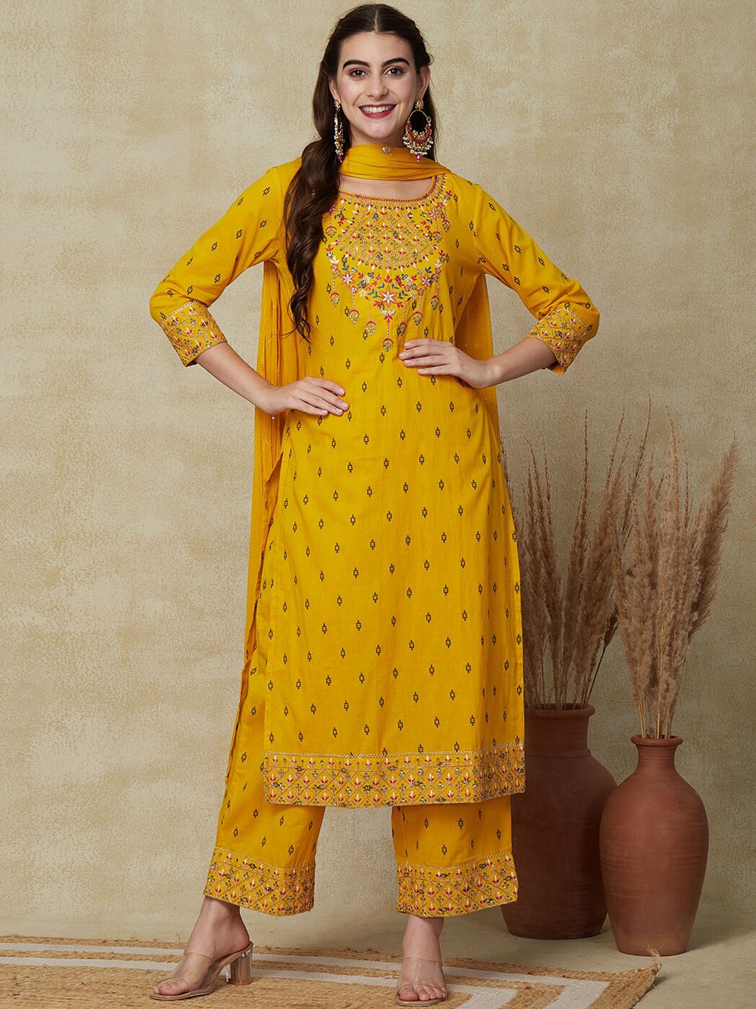 

FASHOR Yellow Ethnic Motifs Embroidered Regular Pure Cotton Kurta & Palazzos With Dupatta