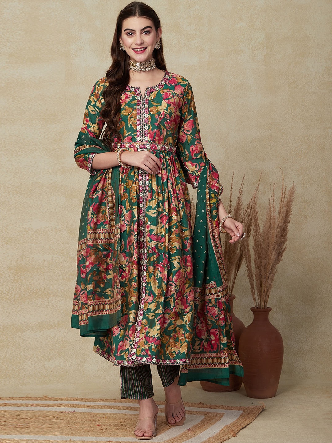

FASHOR Green & Pink Floral Printed Pleated Sequinned Kurta & Trousers With Dupatta