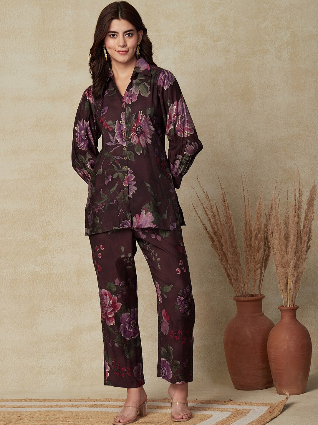 

FASHOR Mauve Floral Foil Printed Shirt & Trousers