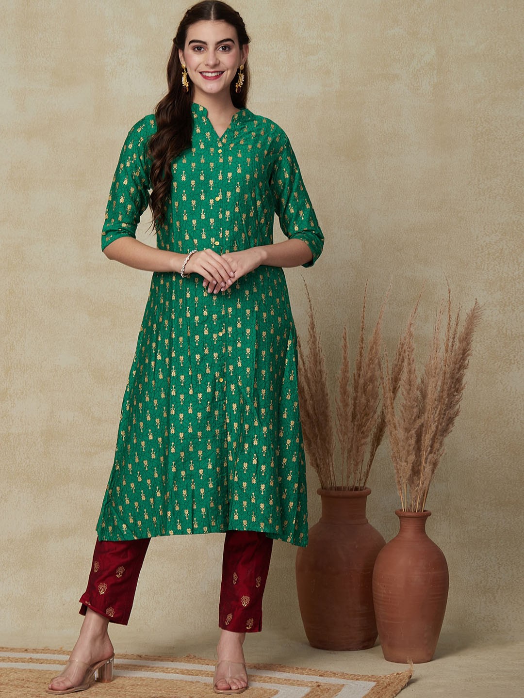 

FASHOR Geometric Printed Cotton A-line Kurta, Green