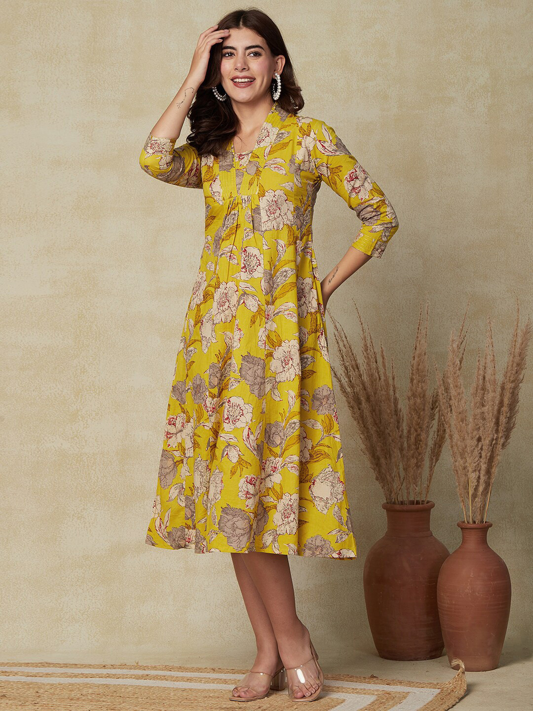 

FASHOR Floral Printed Cotton A-Line Midi Dress, Mustard
