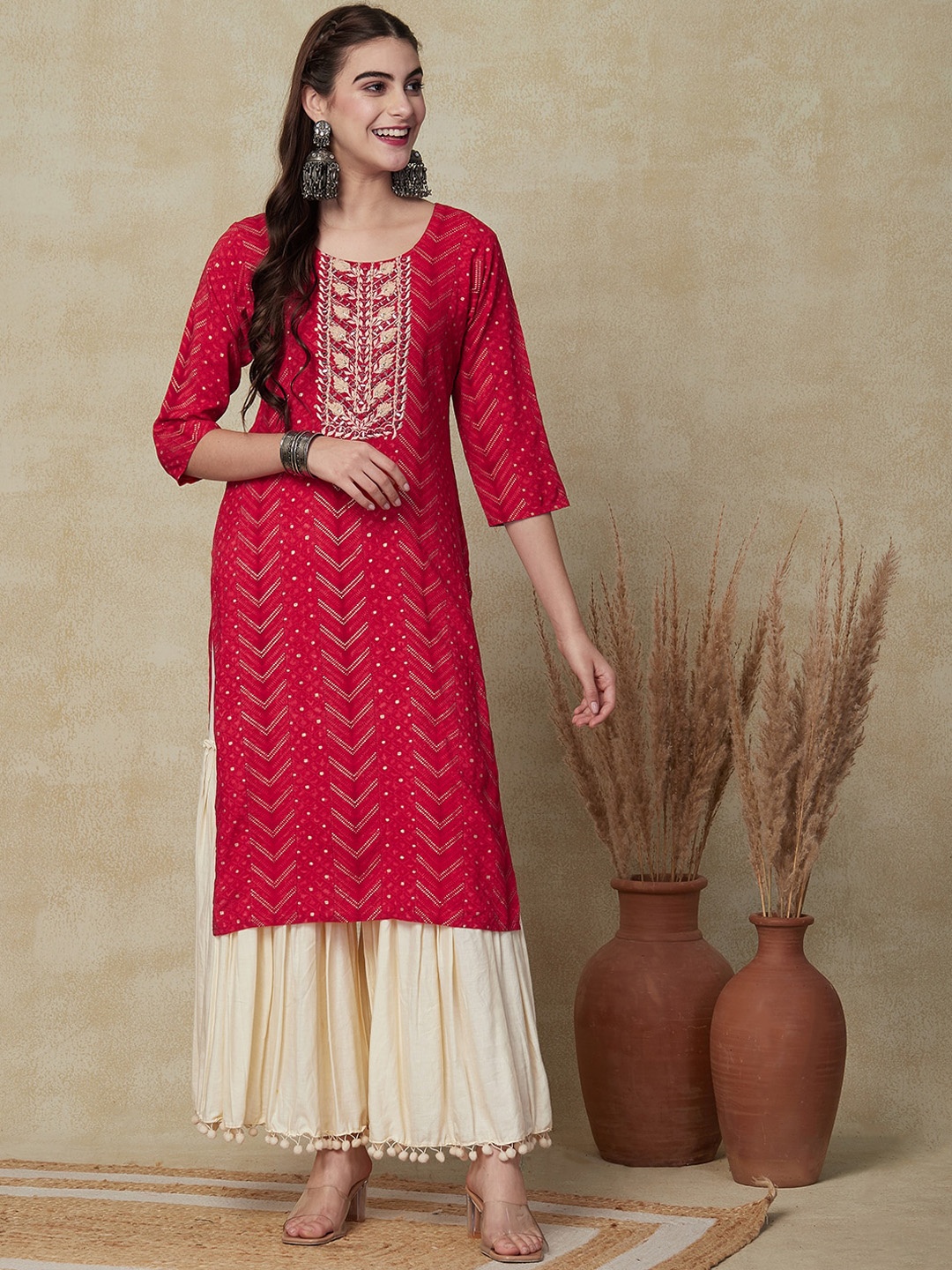 

FASHOR Geometric Printed Straight Kurta, Red