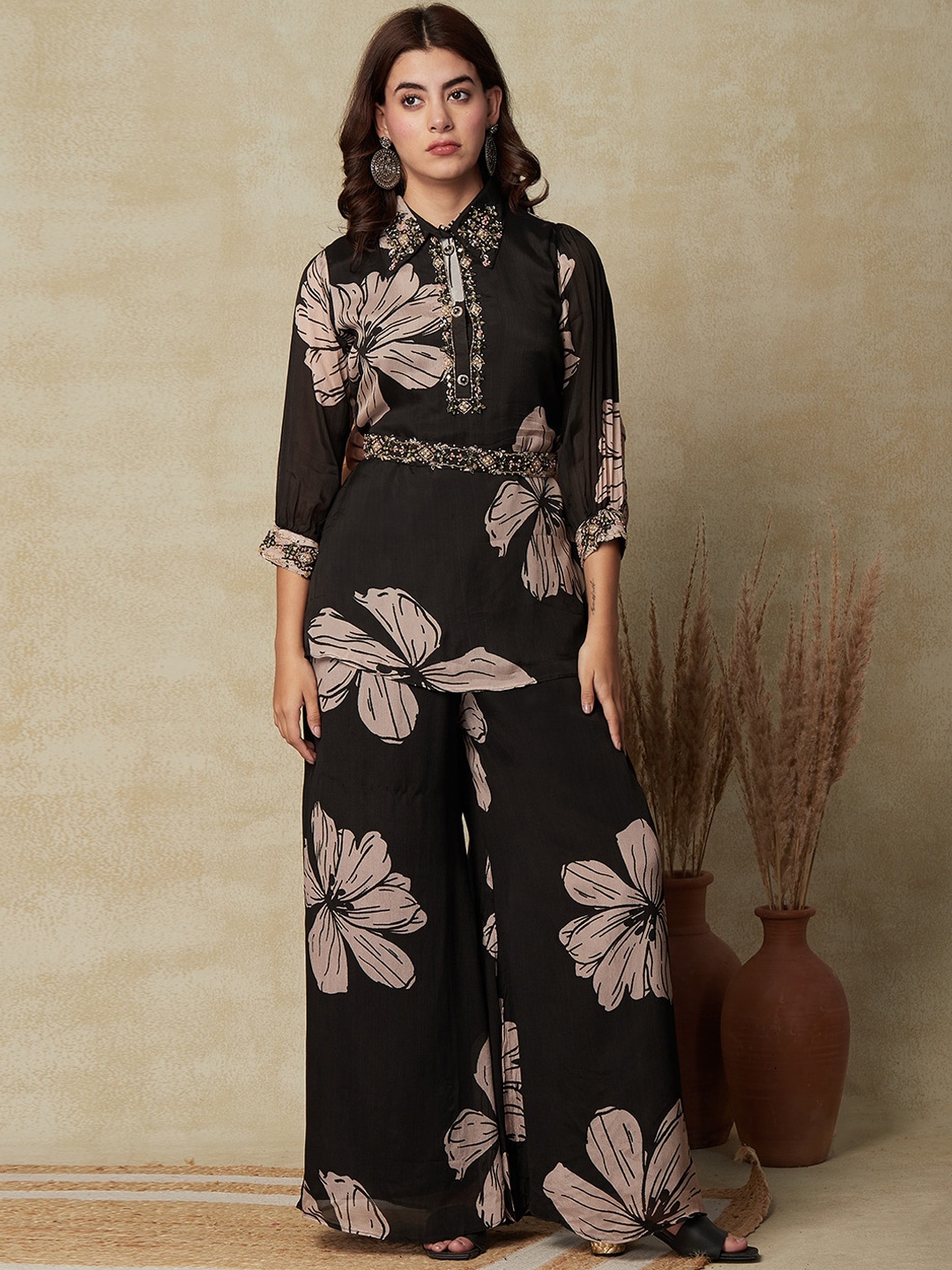 

FASHOR Black Floral Printed Mirror & Aari Embroidered Tunic & Palazzos