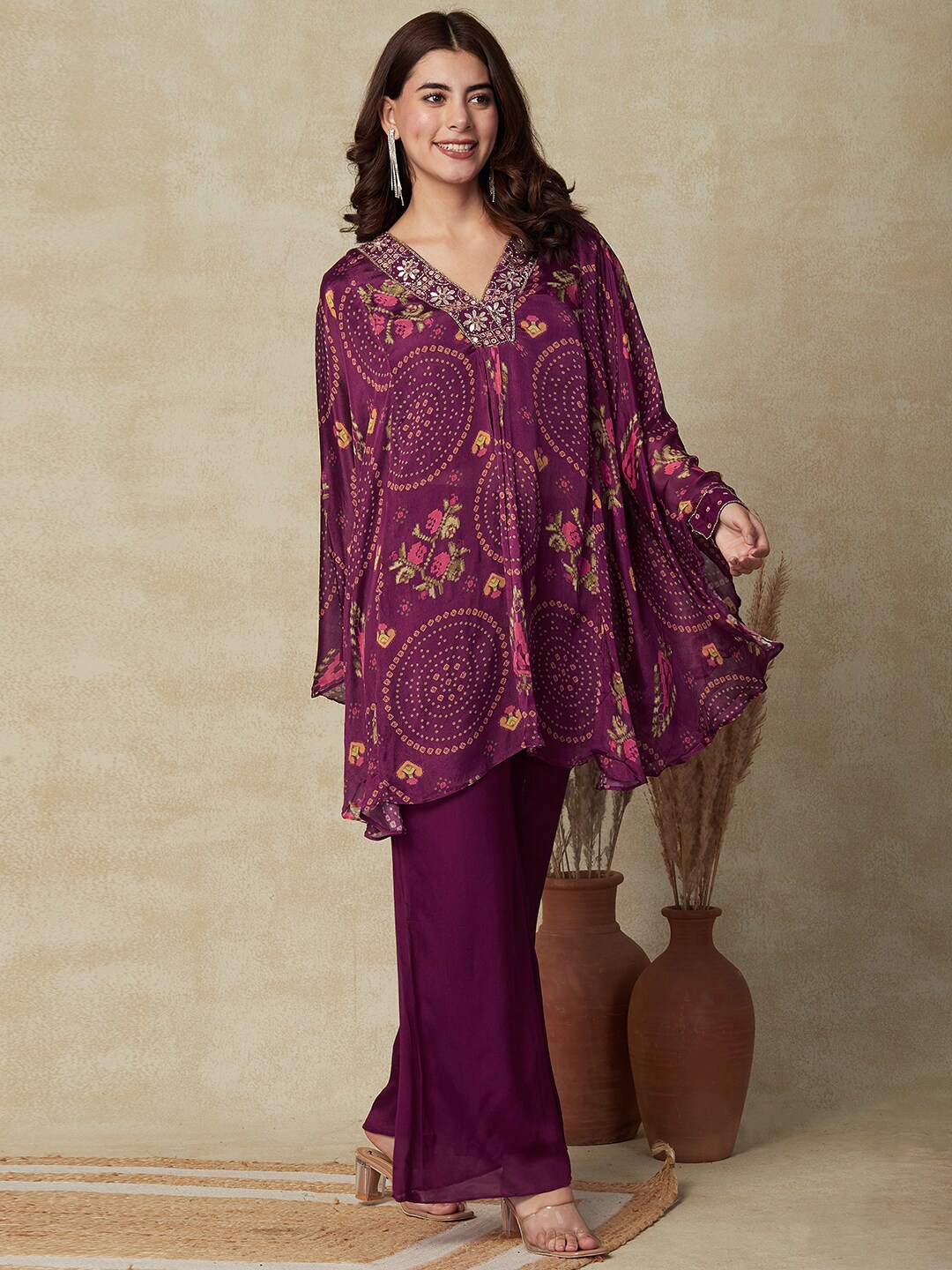 

FASHOR Ethnic Motifs Printed Mirror Work Silk Crepe Kurta with Palazzos, Mauve