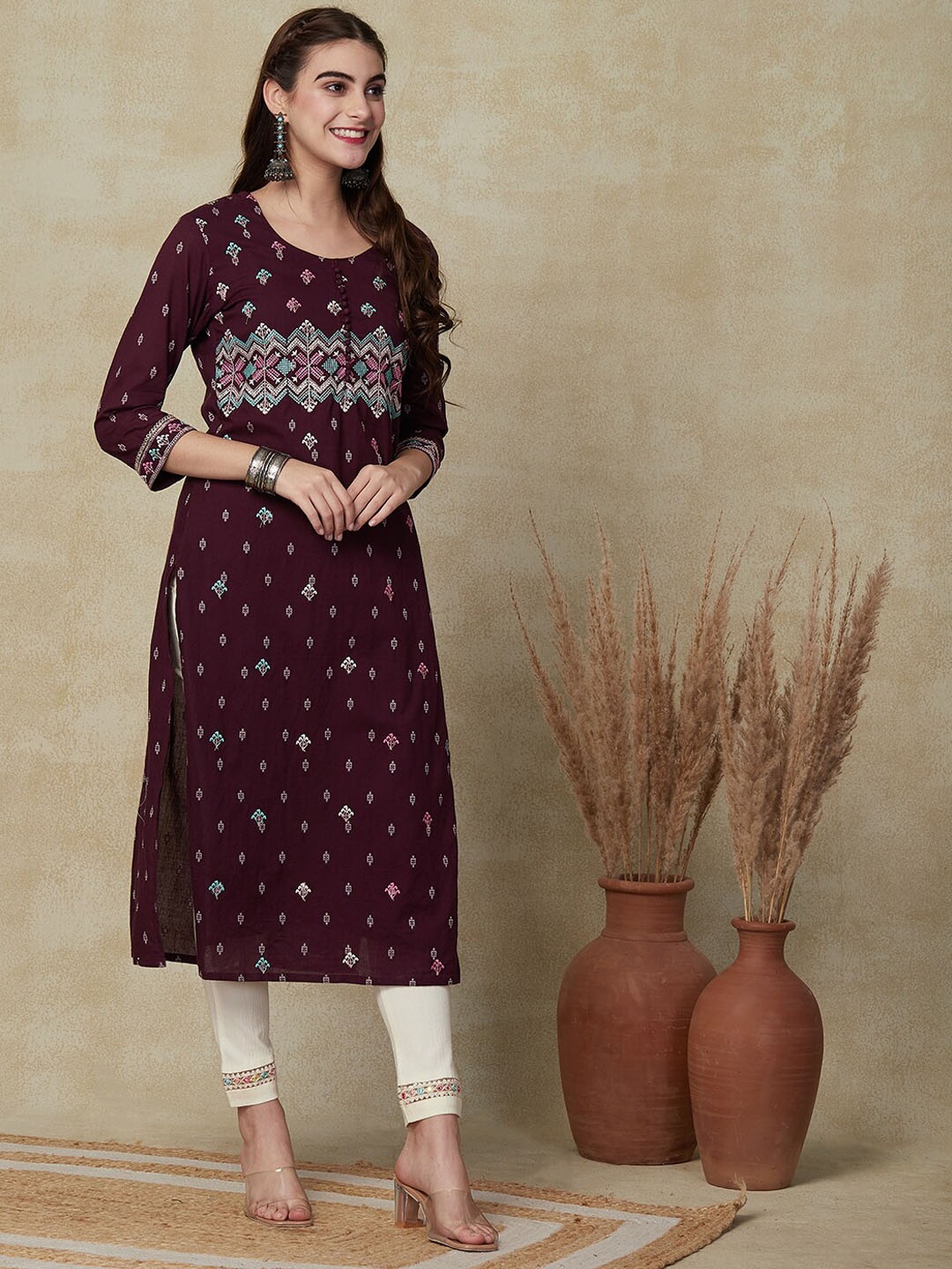 

FASHOR Ethnic Motifs Printed Straight Cotton Kurta, Purple