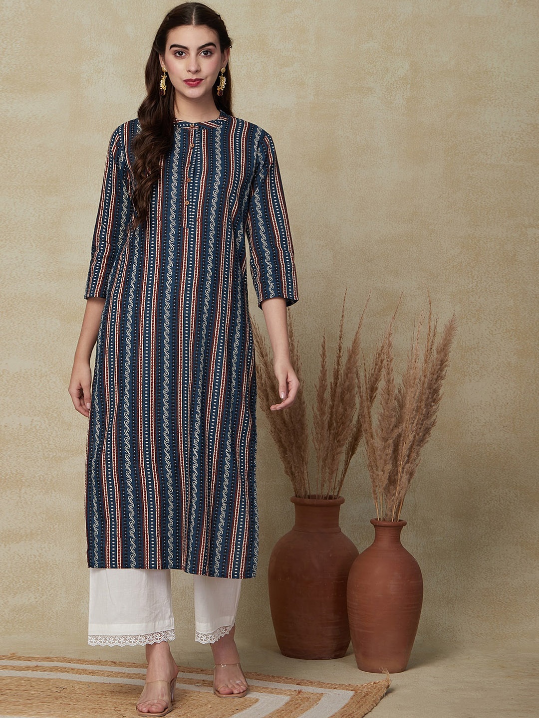 

FASHOR Ethnic Motifs Printed Mandarin Collar Cotton Straight Kurta, Blue