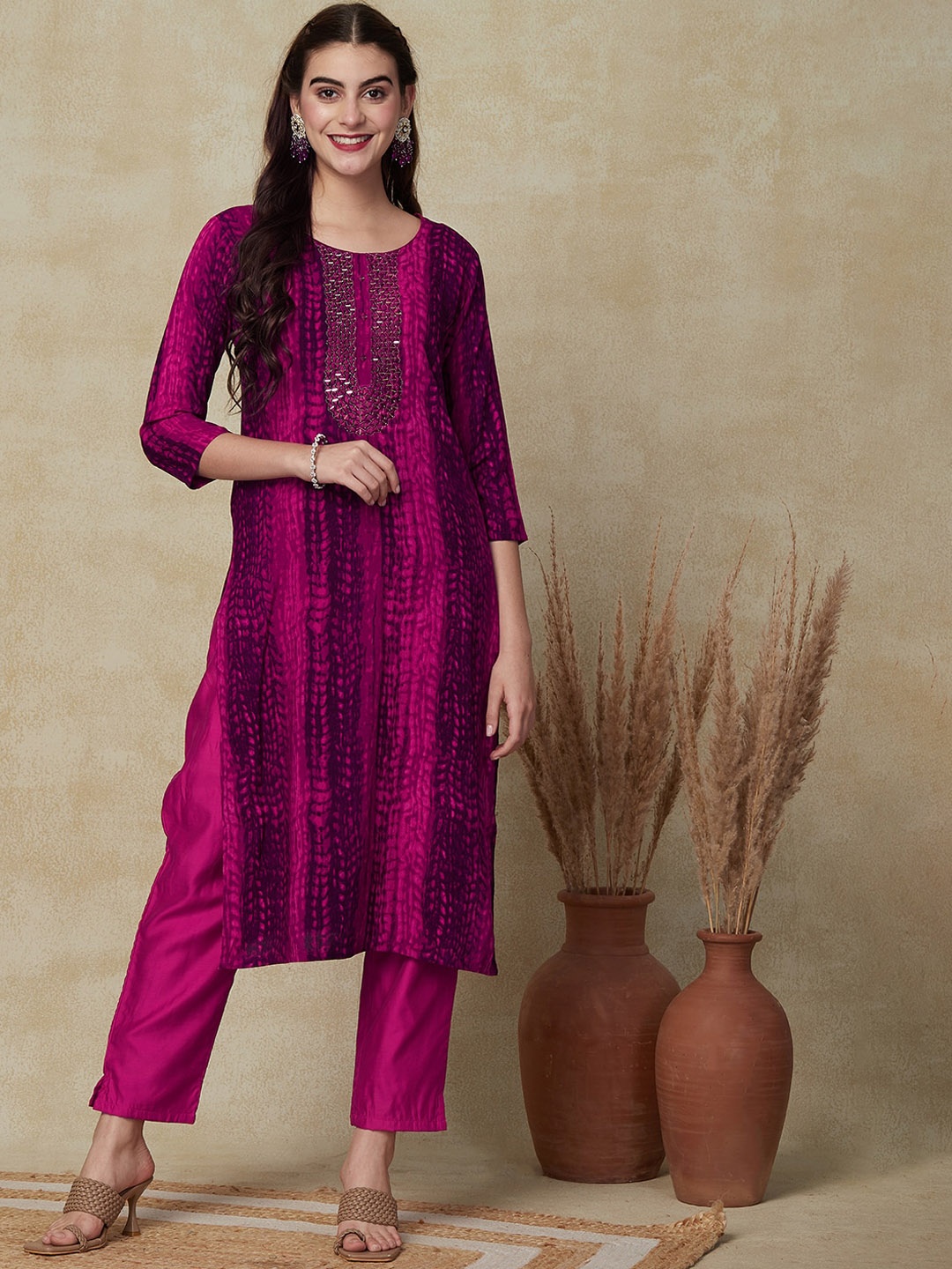 

FASHOR Abstract Printed Straight Kurta, Pink