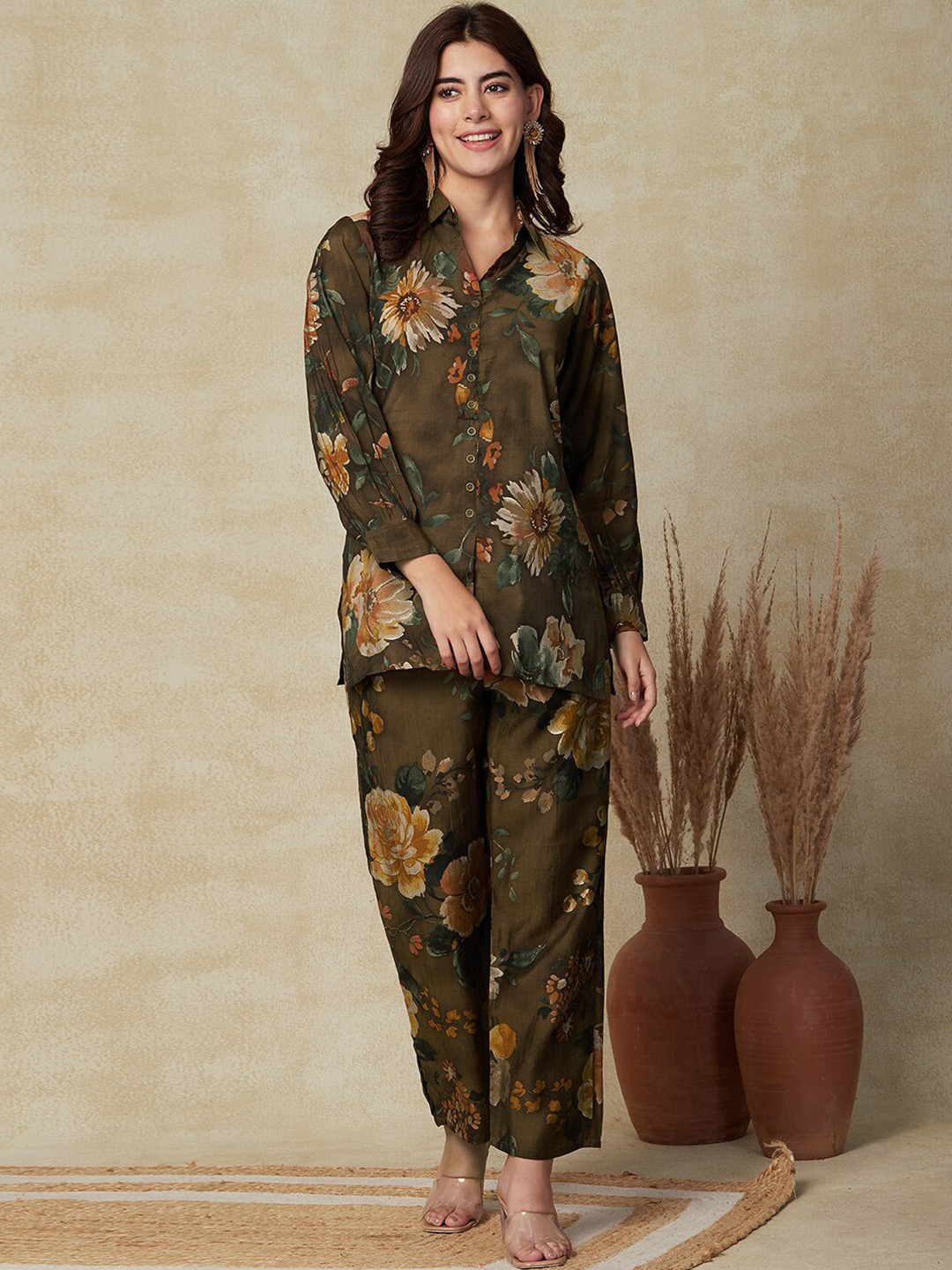 

FASHOR Coffee Brown Floral Foil Printed Shirt with Trousers