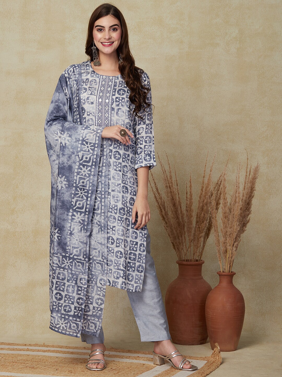 

FASHOR Ethnic Motifs Printed Mirror Work Chanderi Silk Kurta with Trouser & Dupatta, Blue