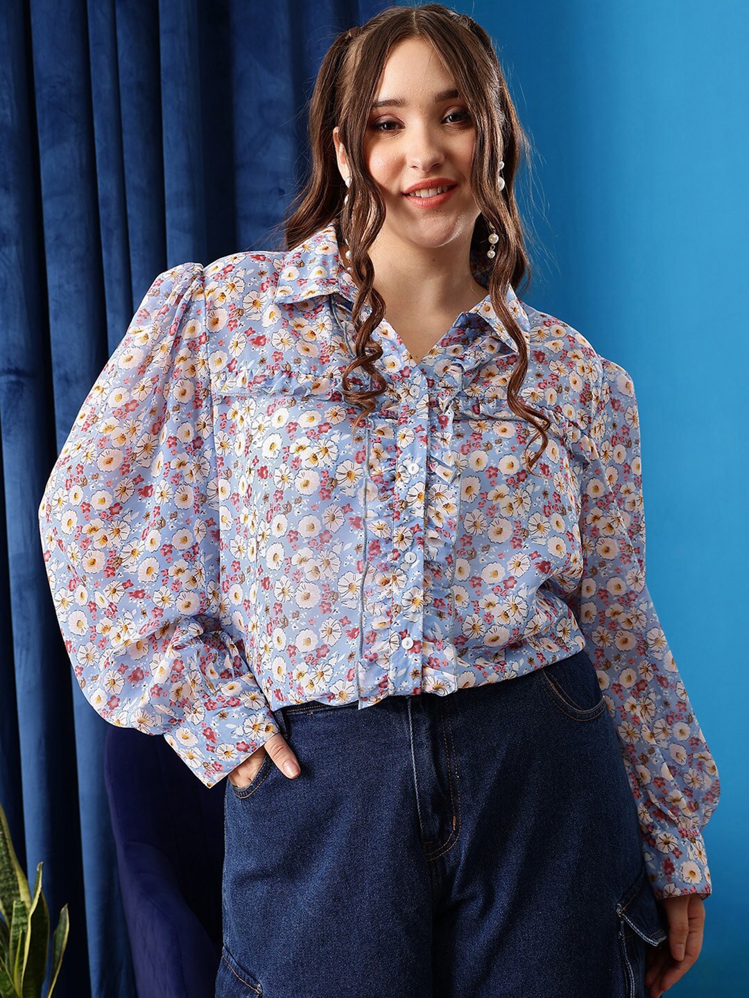 

CURVY STREET Plus Size Floral Printed Shirt Collar Cuffed Sleeves Shirt Style Top Shirt, Blue