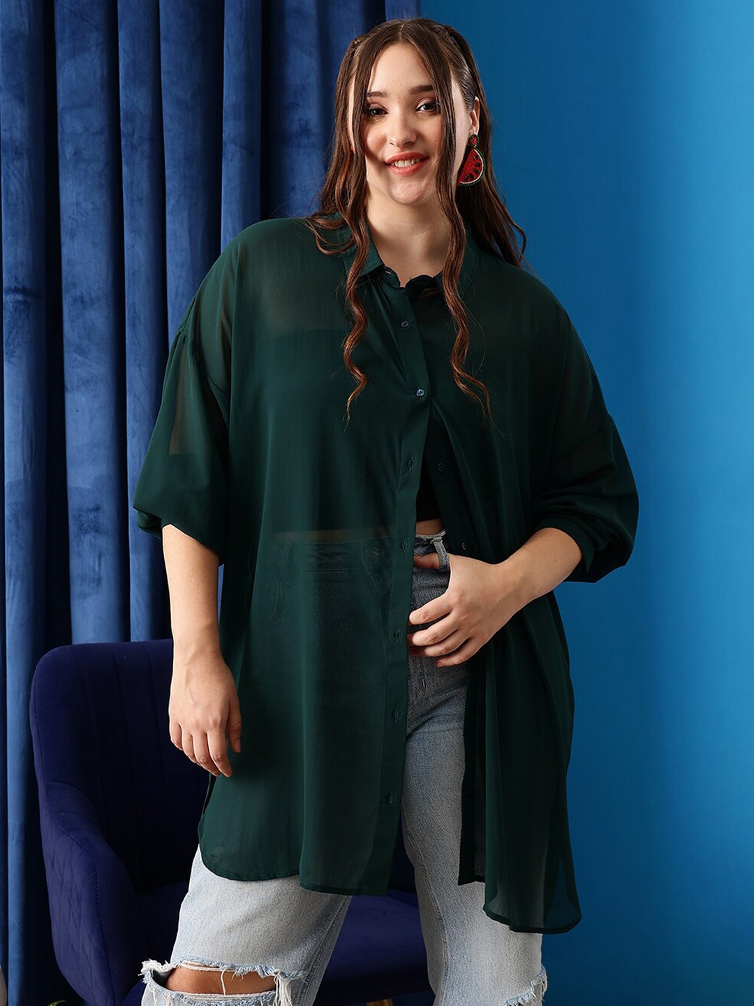 

CURVY STREET Comfort Spread Collar Oversized Shirt, Green