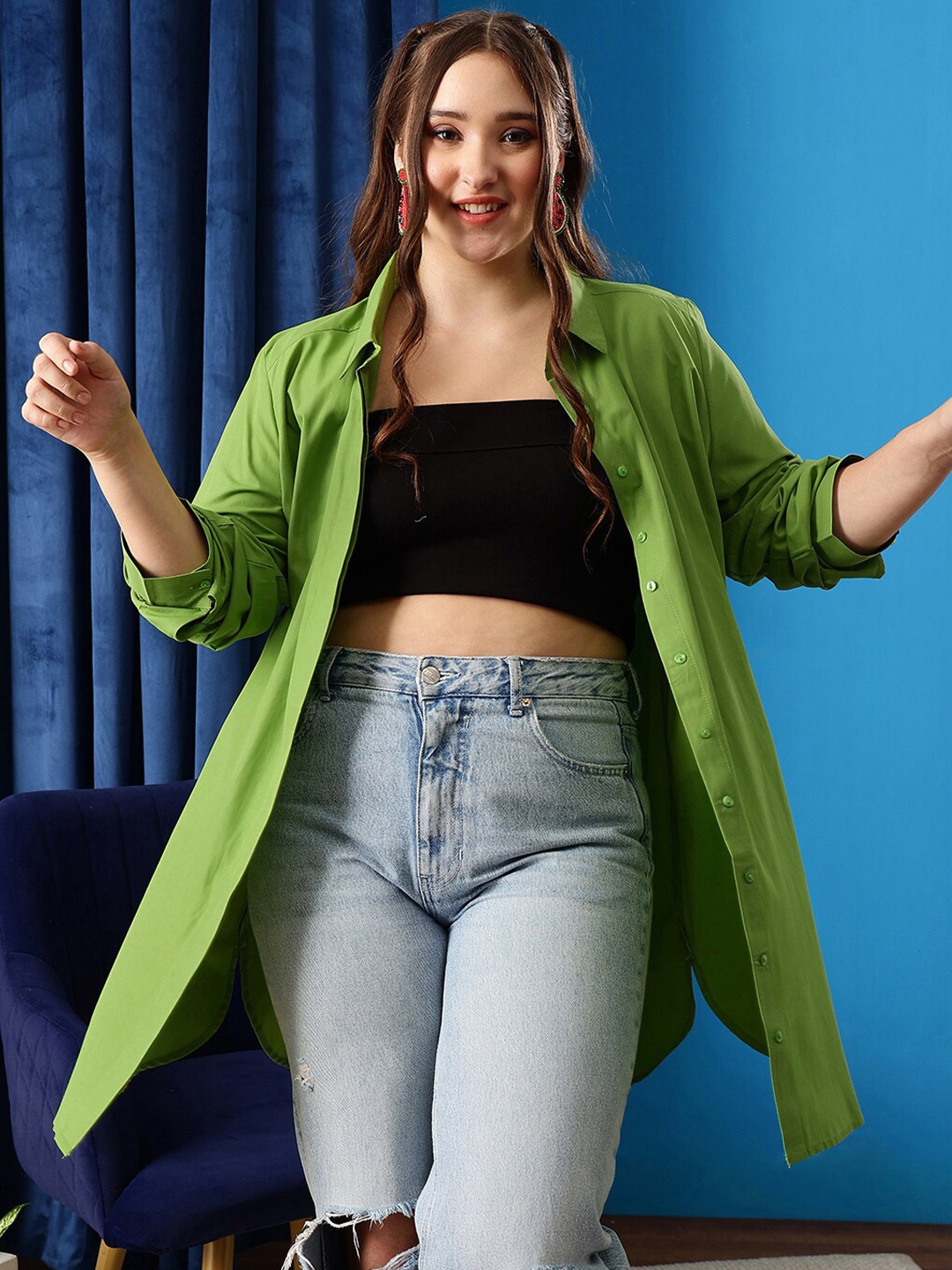 

CURVY STREET Comfort Spread Collar Oversized Cotton Shirt, Green