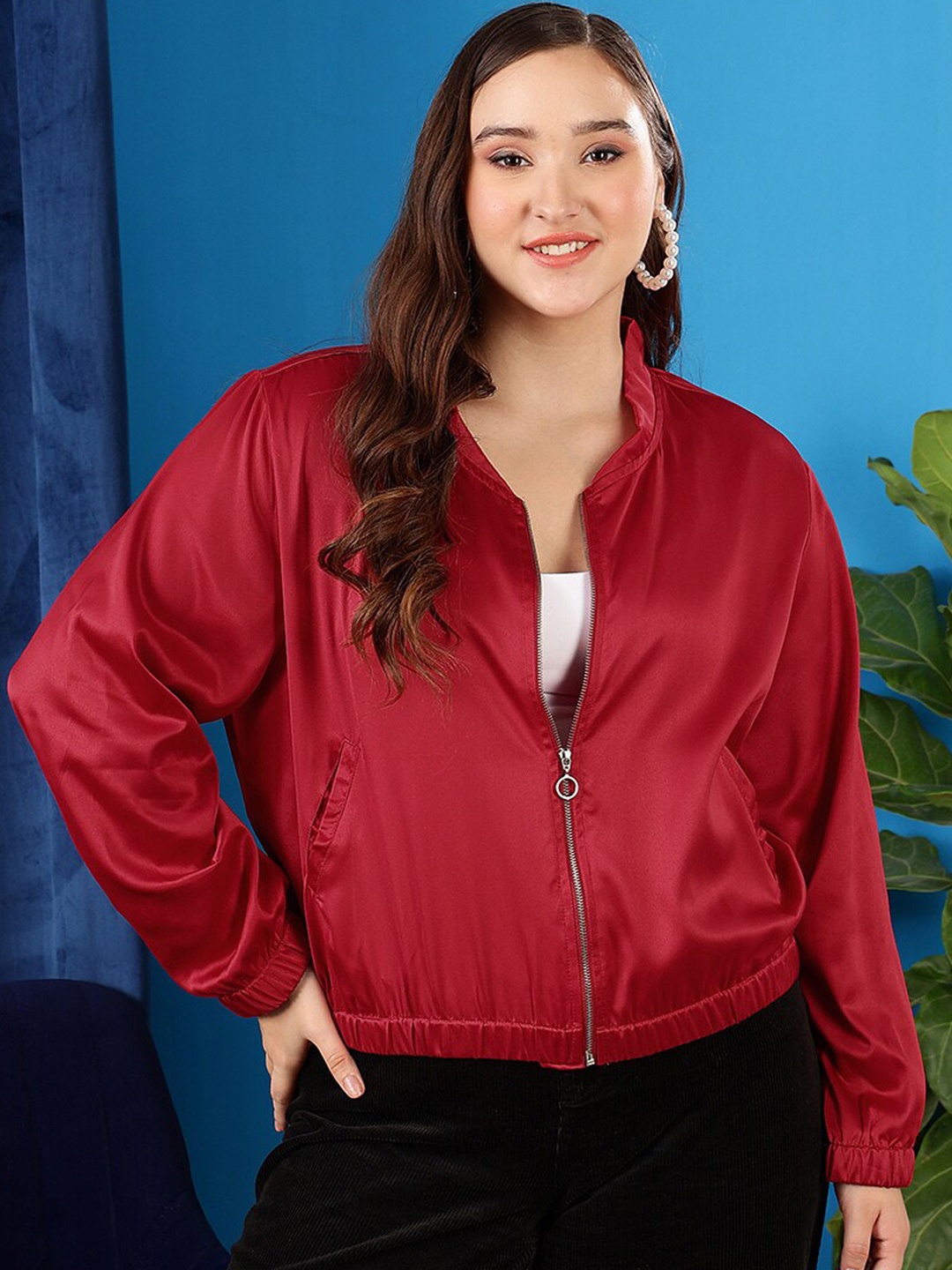 

CURVY STREET Plus Size Mock Collar Bomber Jacket, Red