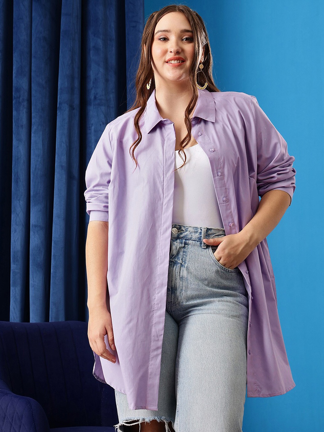 

CURVY STREET Comfort Spread Collar Oversized Pure Cotton Shirt, Lavender