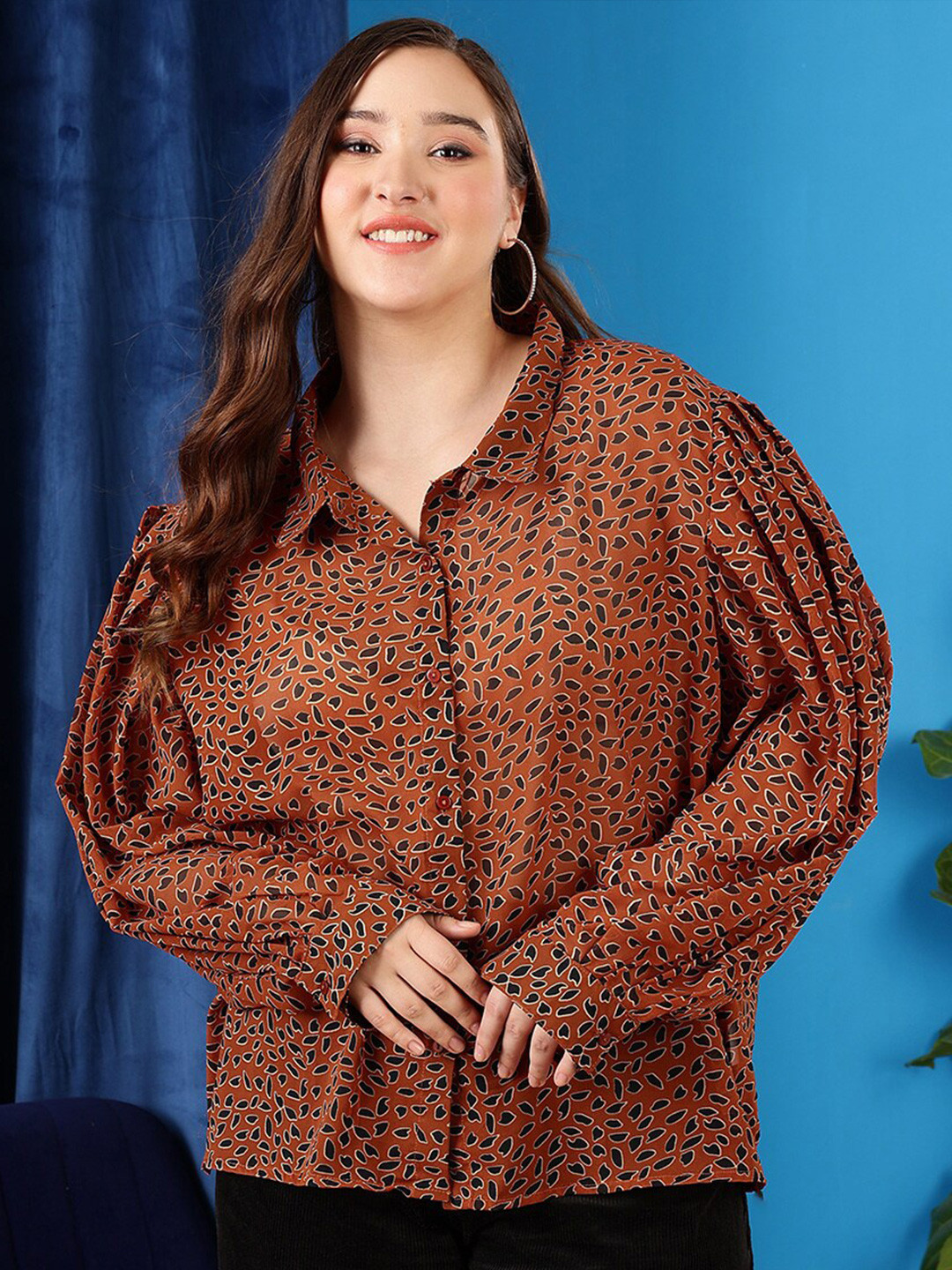 

CURVY STREET Abstract Printed Puff Sleeves Shirt, Rust