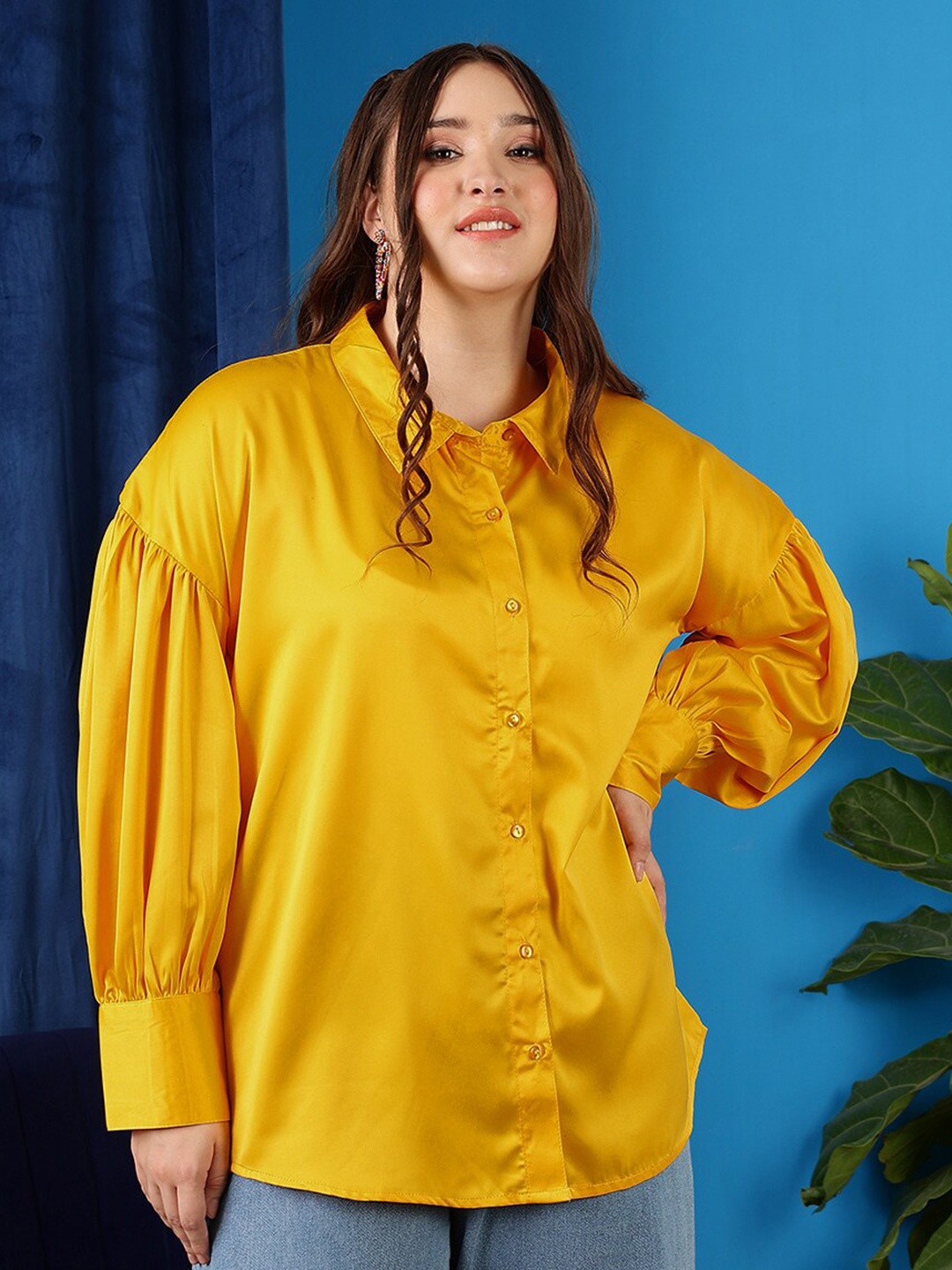 

CURVY STREET Plus Size Shirt Collar Cuffed Sleeves Shirt Style Top, Yellow