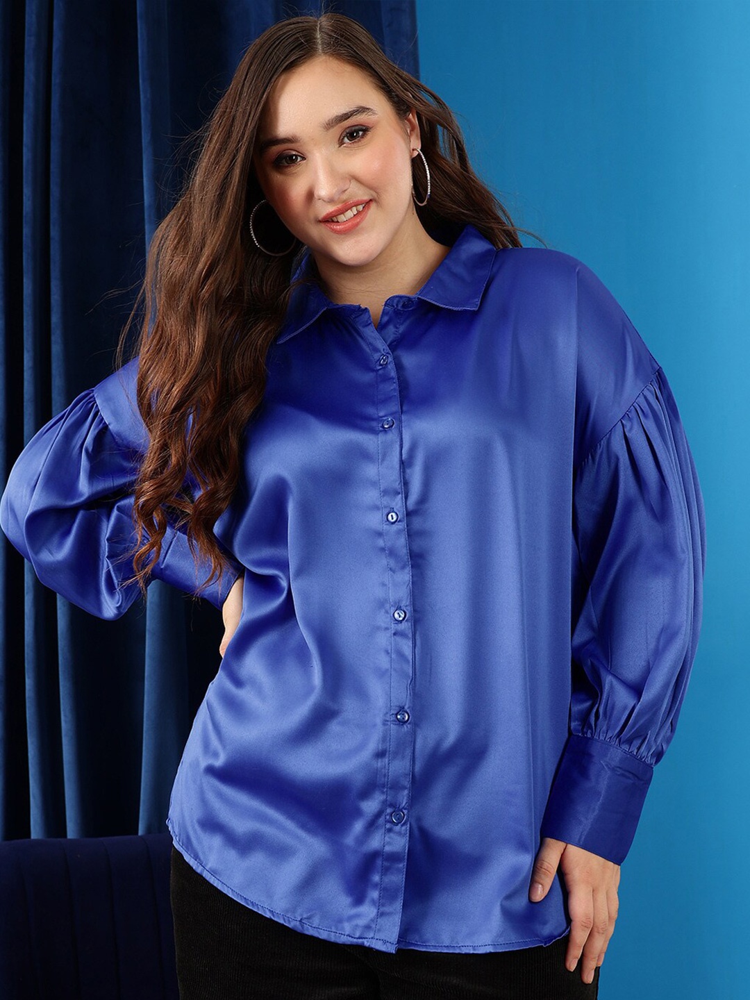 

CURVY STREET Plus Size Shirt Collar Cuffed Sleeves Shirt Style Top, Blue