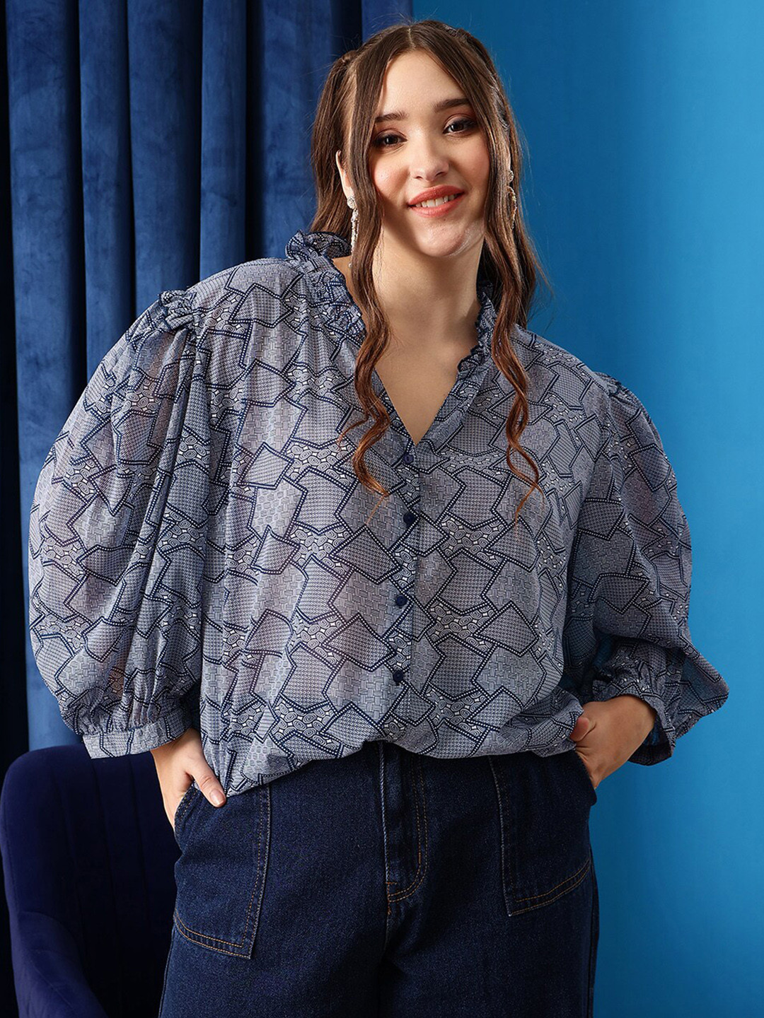 

CURVY STREET Plus Size Lavender Geometric Printed Ruffles Shirt Style Top, Blue