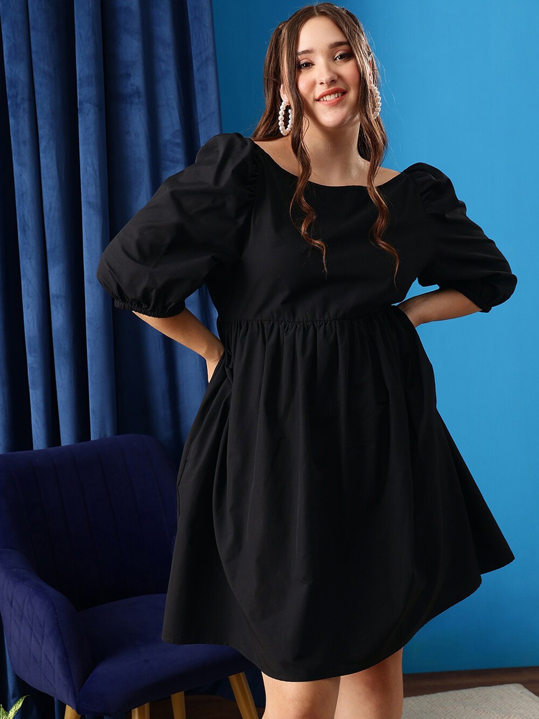 

CURVY STREET Plus Size Puff Sleeve Cotton A-Line Midi Dress, Black