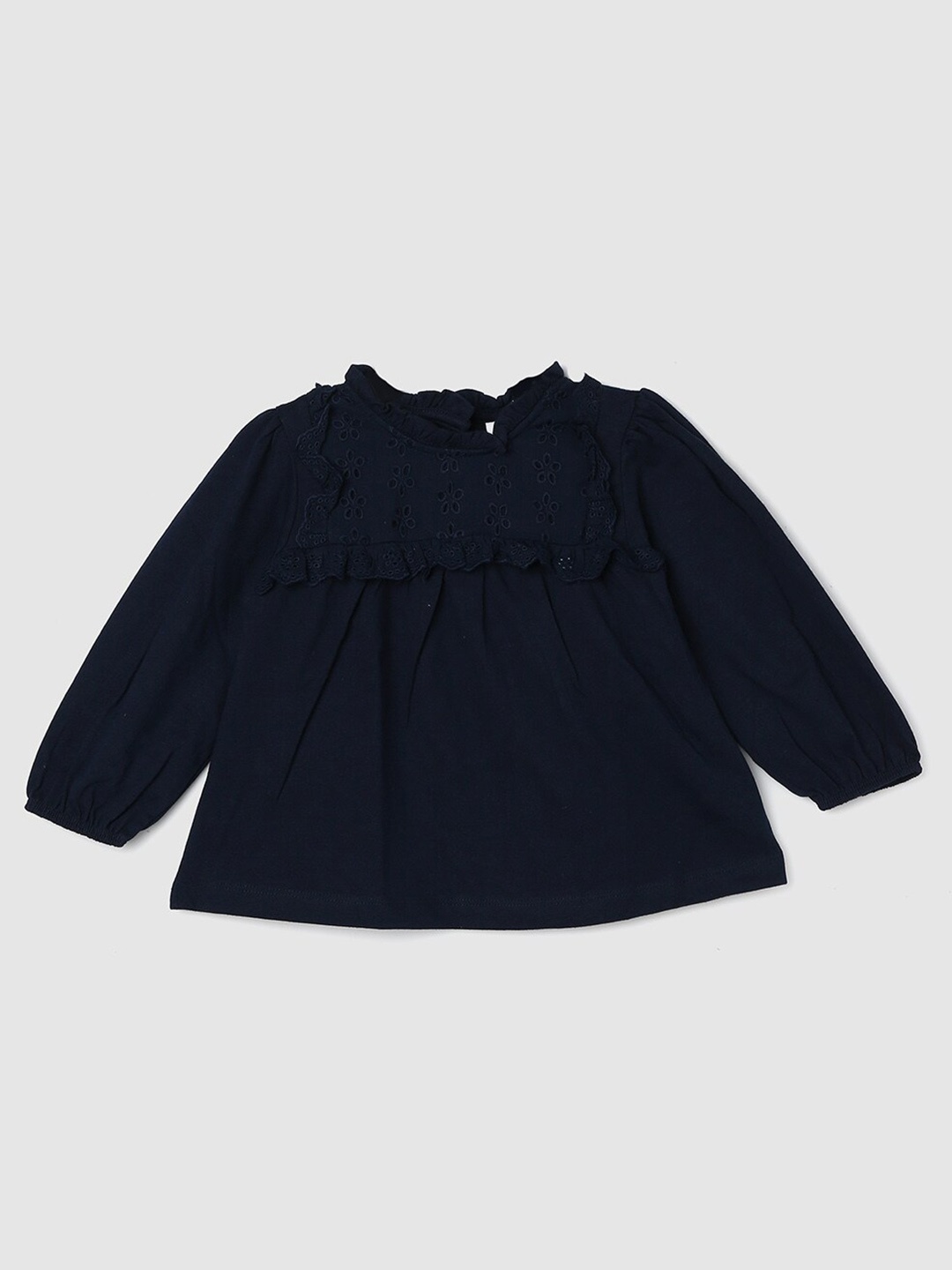 

max Girls Self Design Schiffli Cuffed Sleeves Cotton A-Line Top, Navy blue