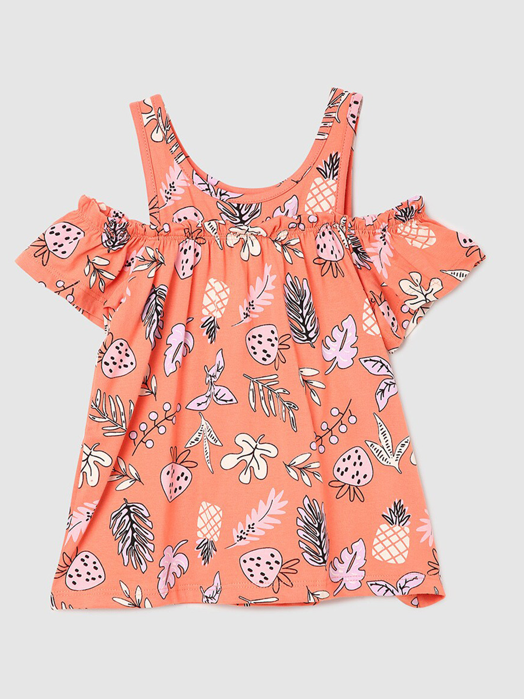 

max Girls Conversational Print Cold-Shoulder Cotton A-Line Top, Coral
