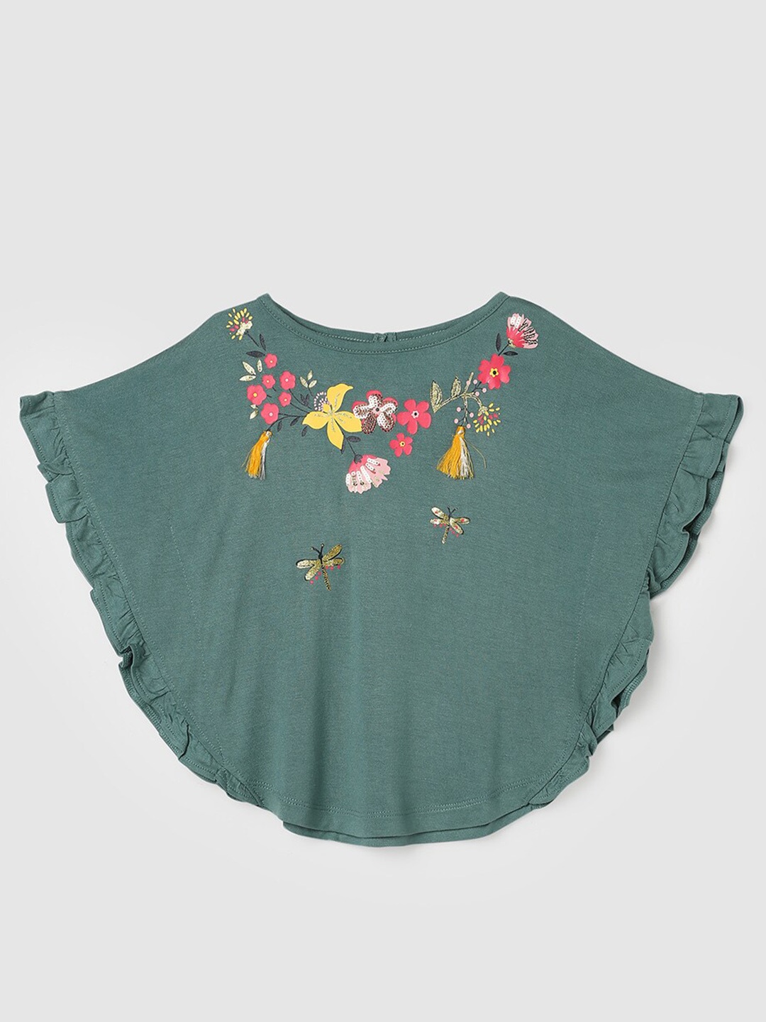 

max Girls Floral Printed Sequined Detail Extended Sleeves Cape Top, Green