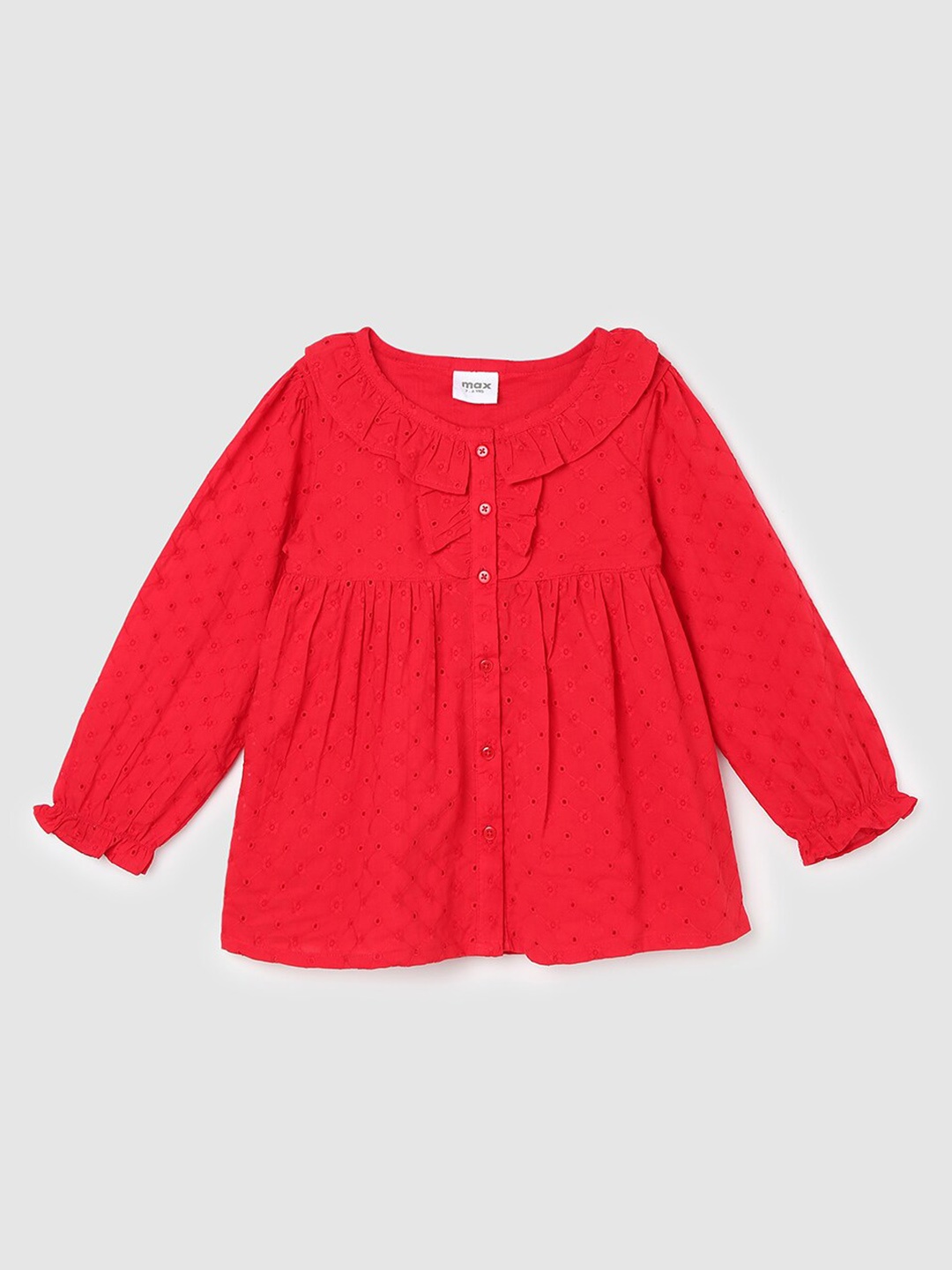 

max Girls Self Design Schiffli Cuffed Sleeves Cotton A-Line Top, Red