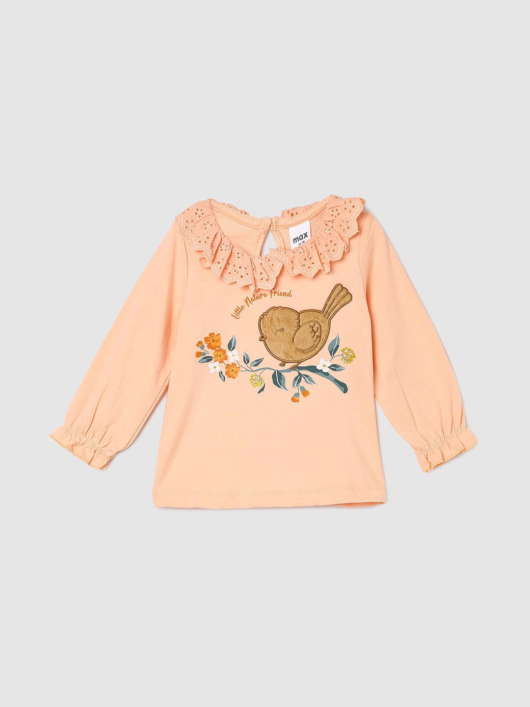 

max Girls Self Design Schiffli Cuffed Sleeves Cotton Regular Top, Peach
