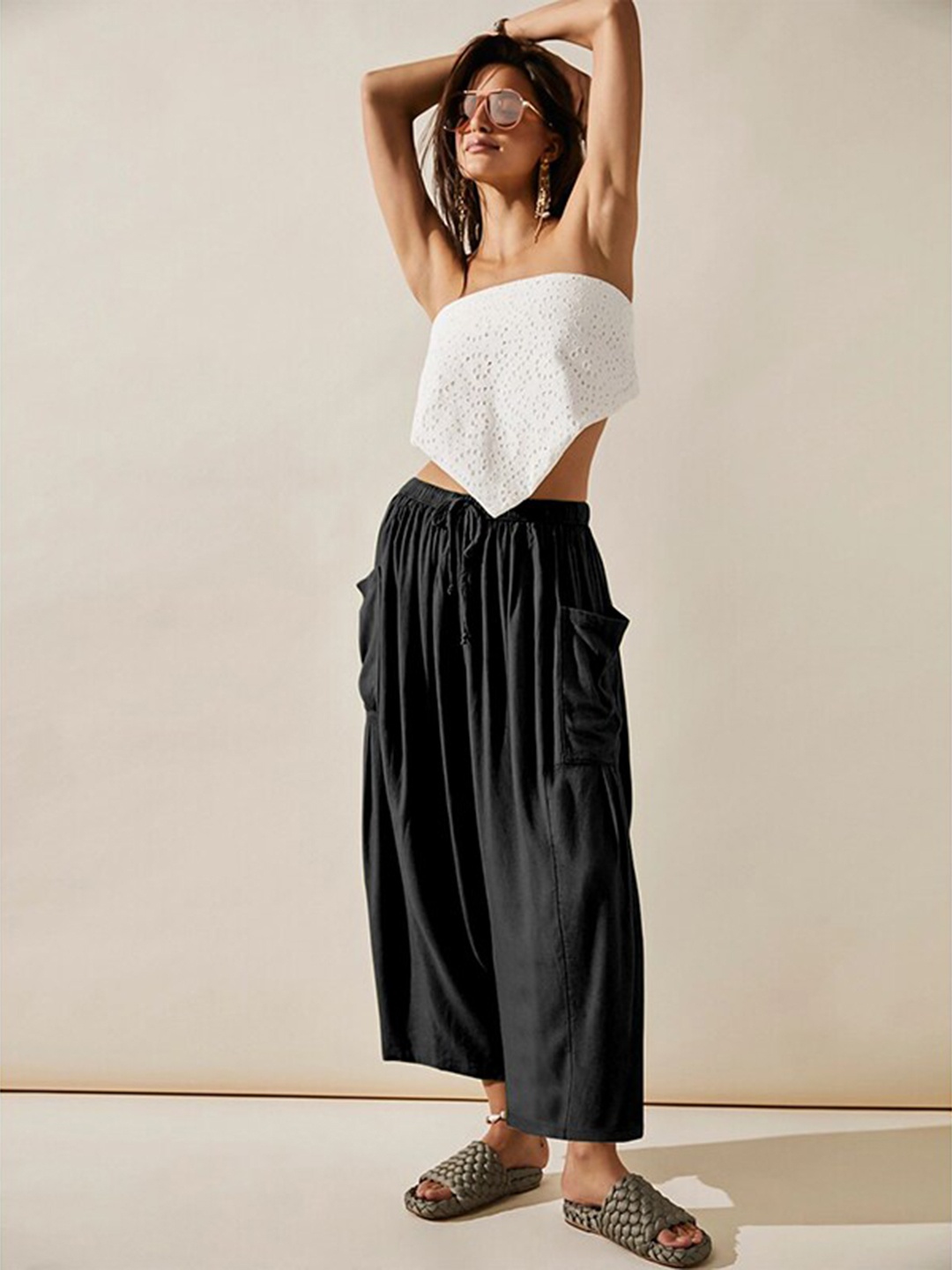 

StyleCast Women Black Flared High-Rise Pleated Culottes Trousers