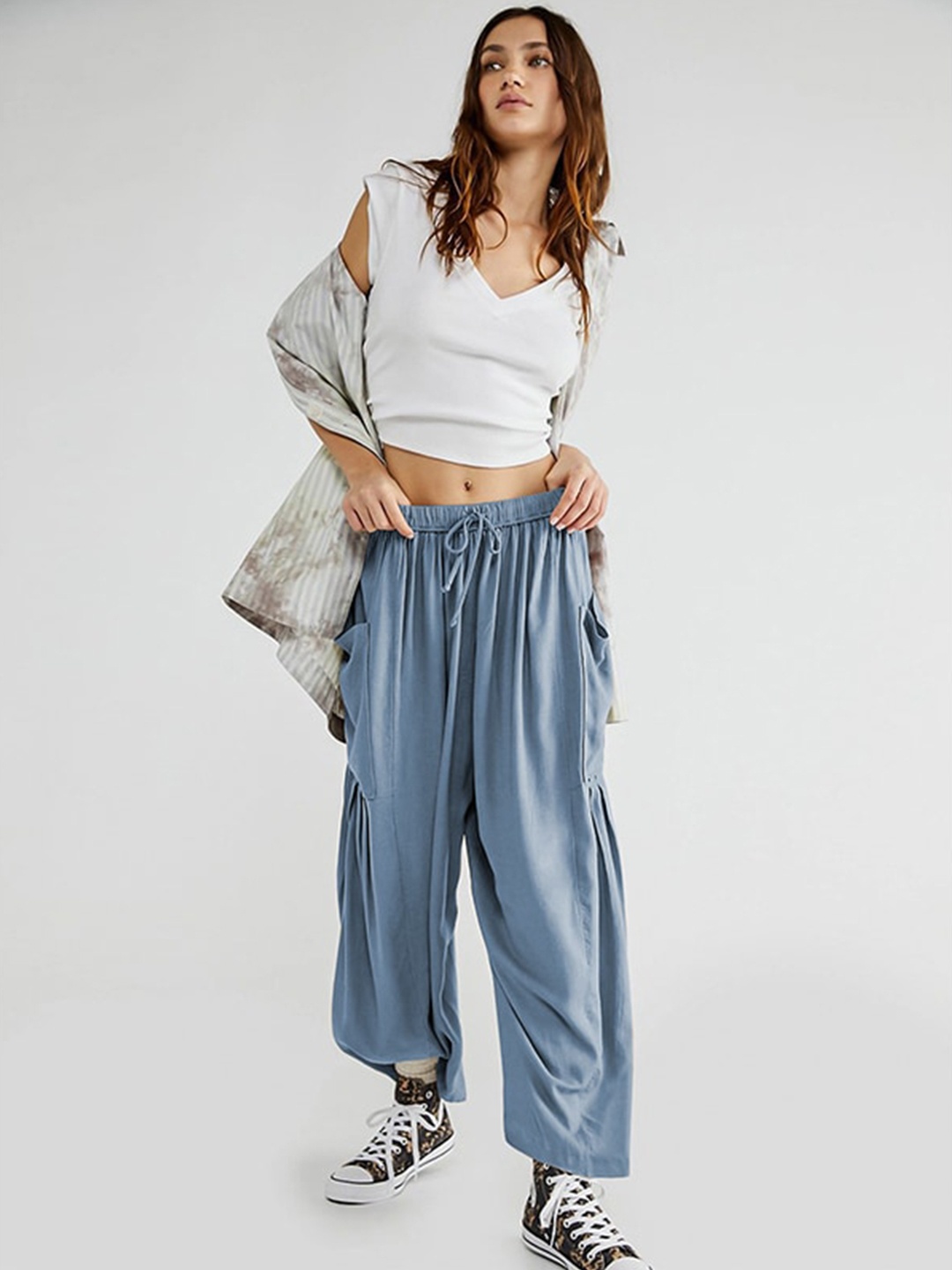 

StyleCast Women Blue Oversized Pockets Flared High-Rise Parallel Trousers