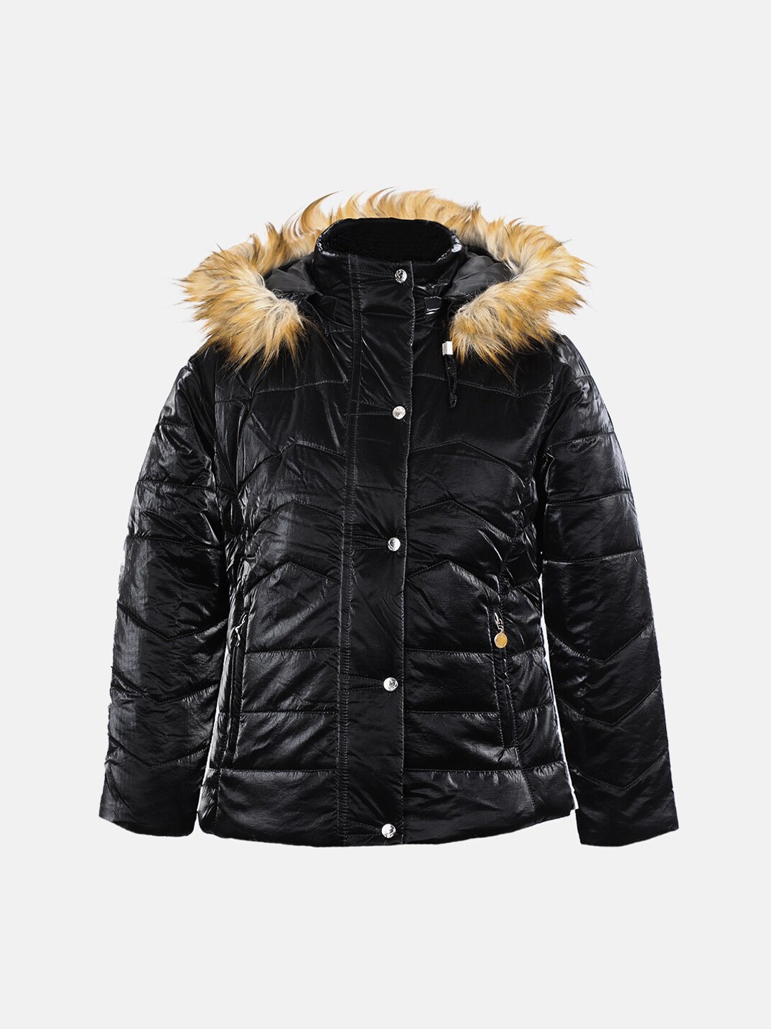 

CHKOKKO Girls Faux Fur Trim Long Sleeves Hooded Padded Jacket, Black