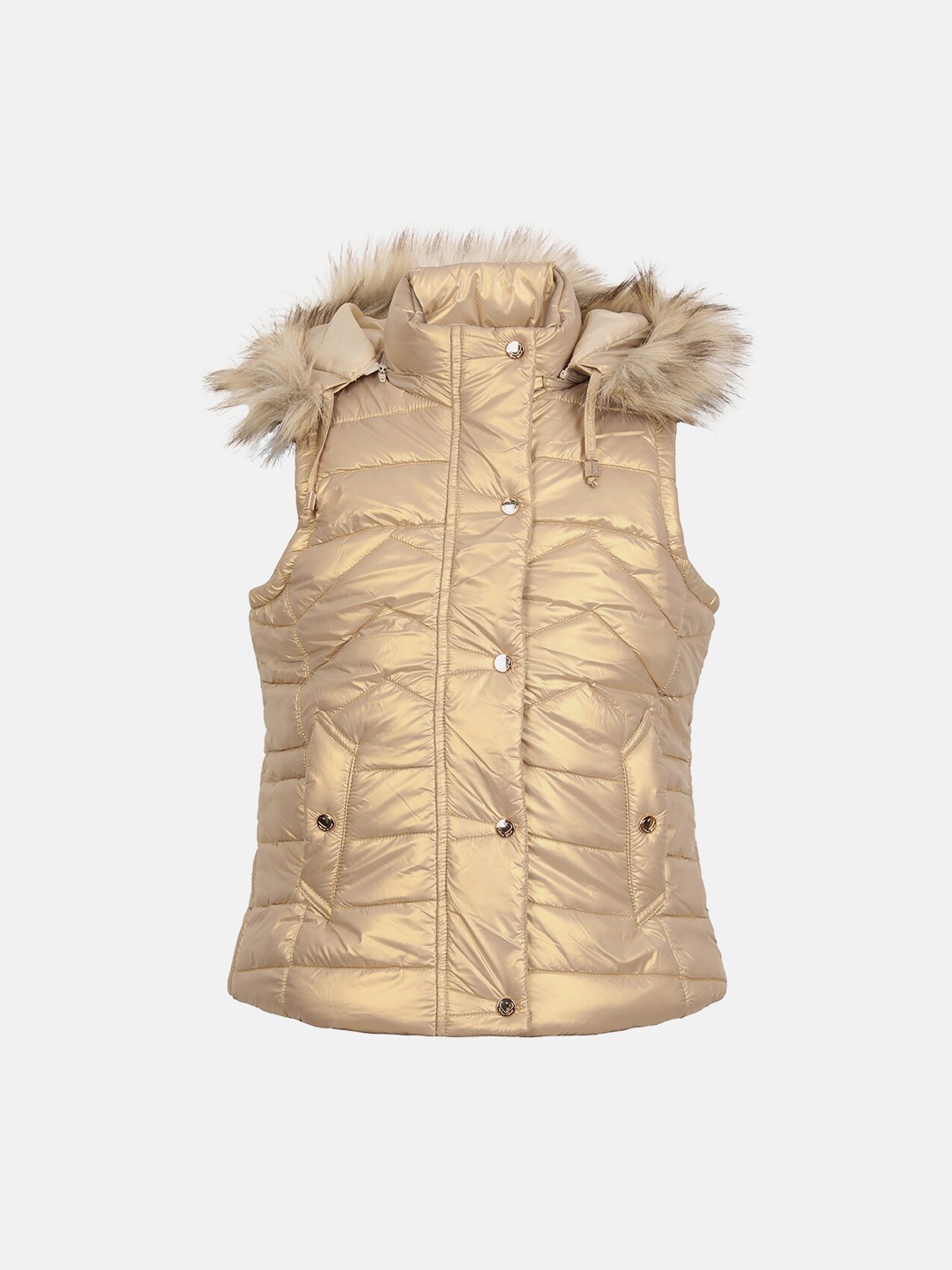 

CHKOKKO Girls Faux Fur Trim Sleeveless Hooded Puffer Jacket, Champagne