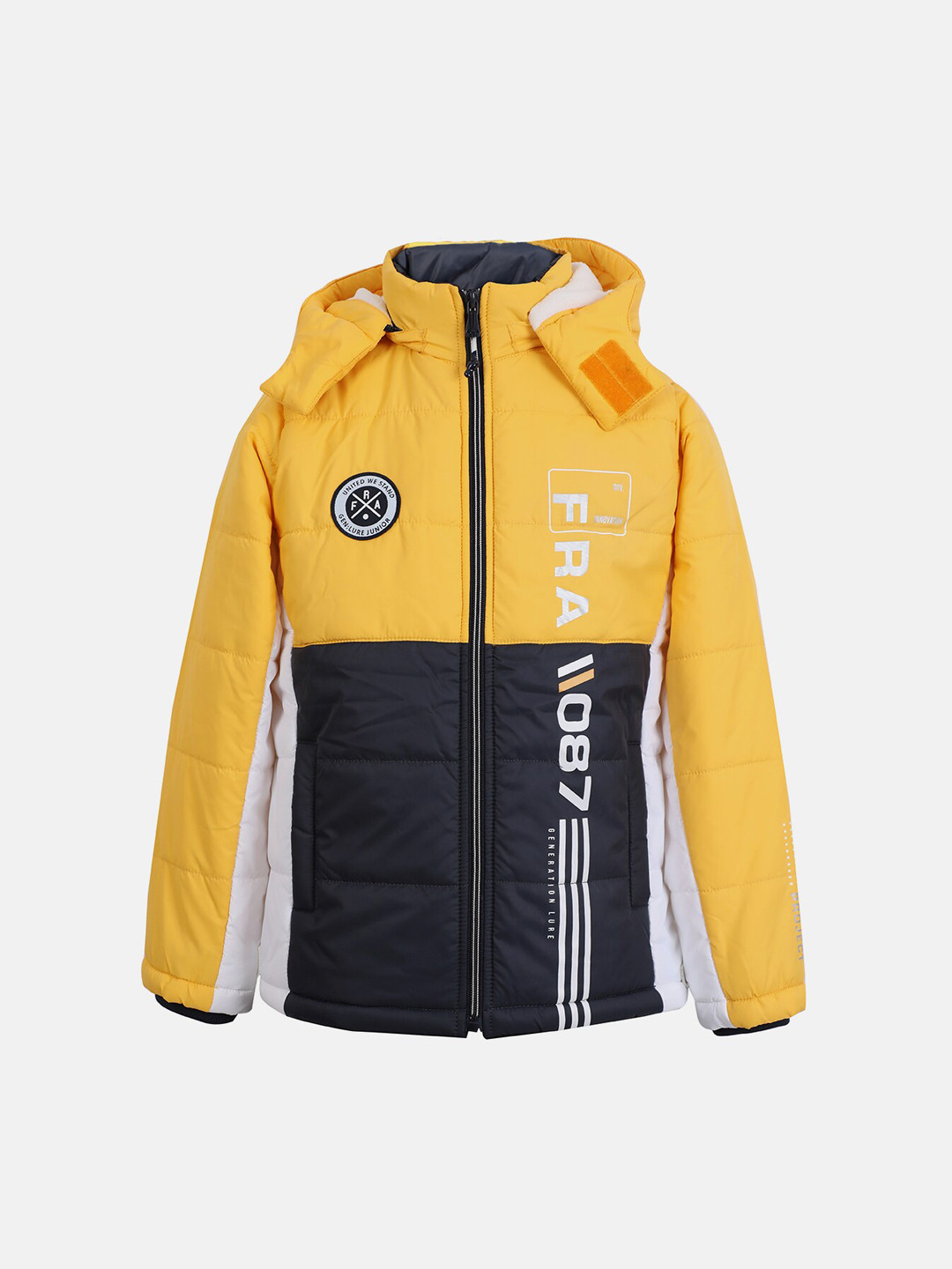 

CHKOKKO Boys Typography Printed Hooded Faux Fur Trim Padded Jacket, Yellow