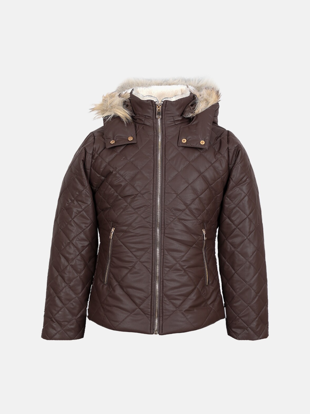 

CHKOKKO Girls Hooded Faux Fur Trim Quilted Jacket, Brown
