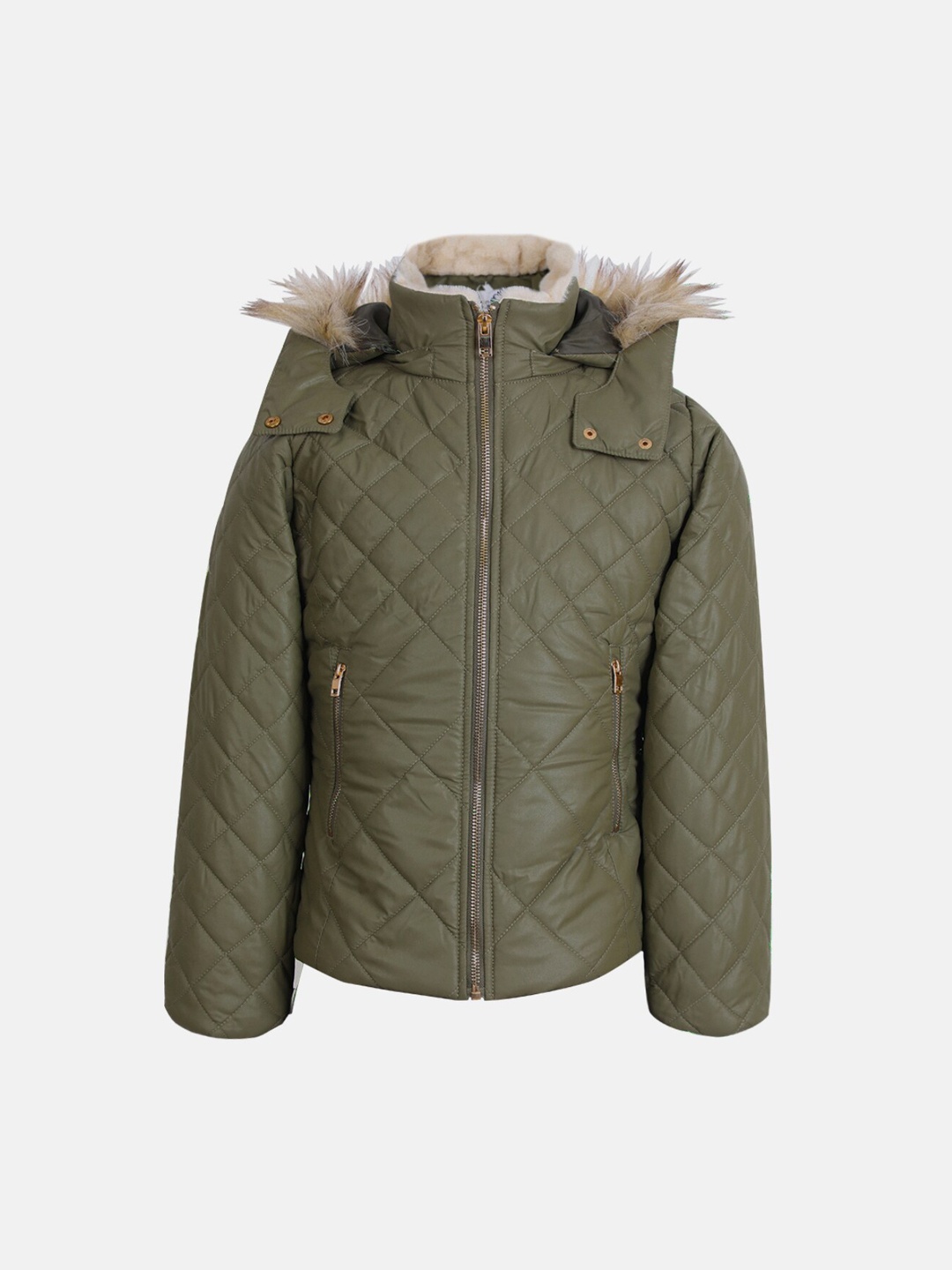 

CHKOKKO Girls Hooded Quilted Jacket With Faux Fur Trim, Green