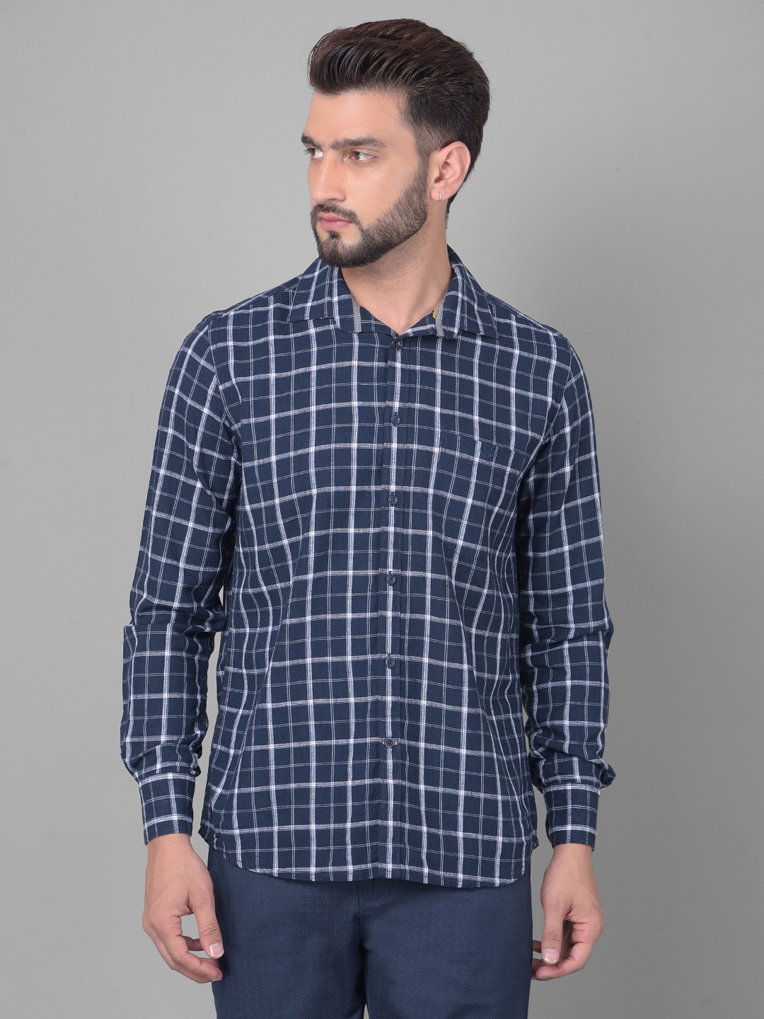 

Crimsoune Club Slim Fit Tartan Checked Cotton Casual Shirt, Navy blue