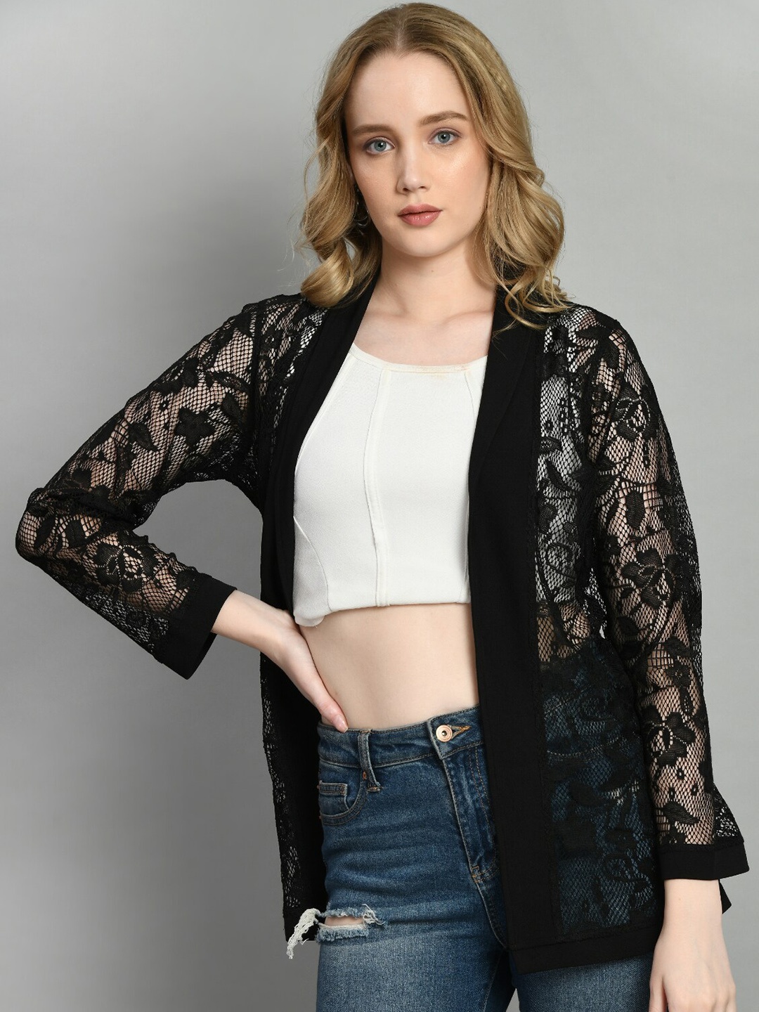 

Moshe Self Design Open Front Shrug, Black