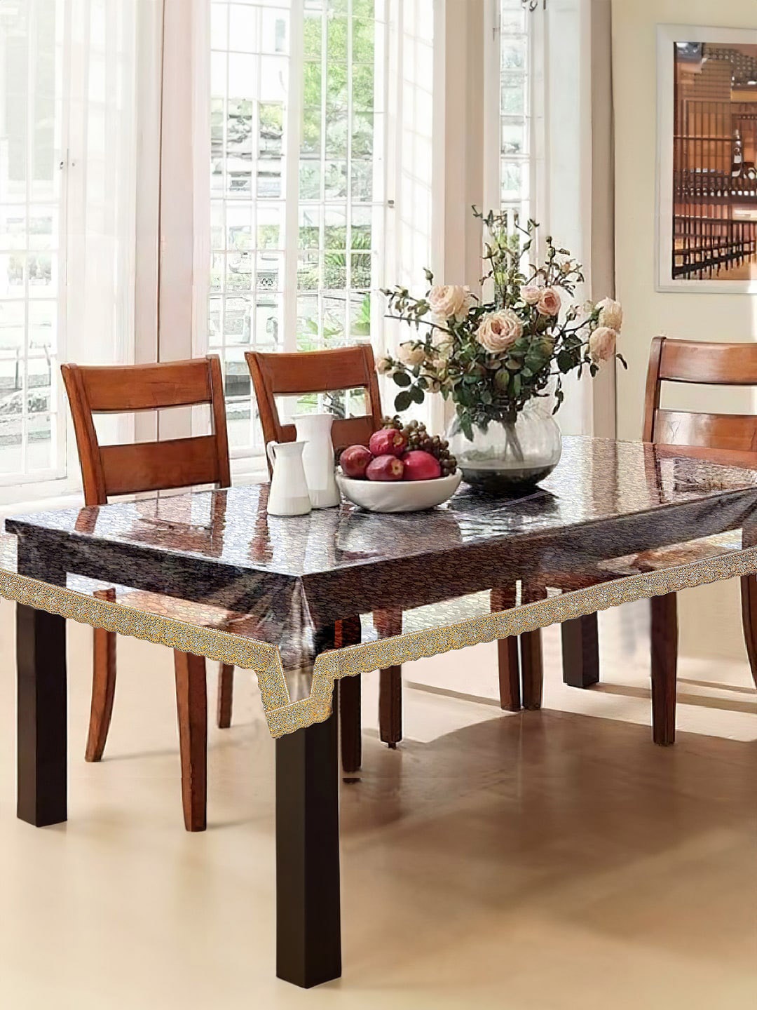 Cortina White Printed Border 4 Seater Table Cover, Silver