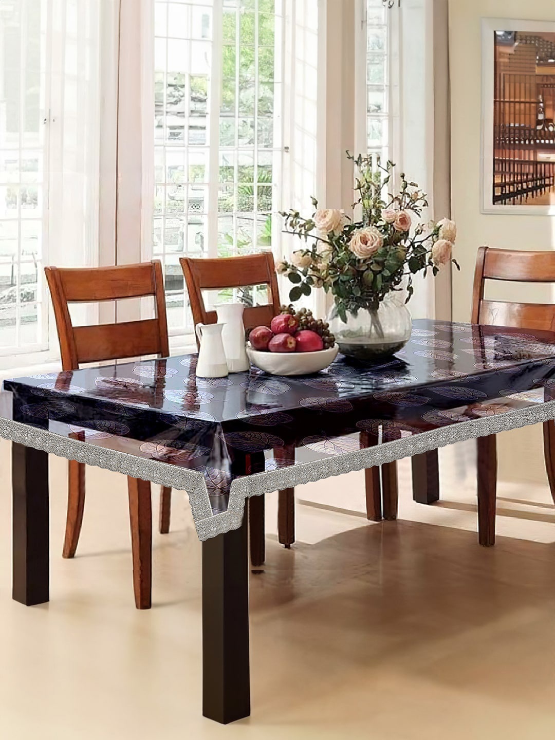 Cortina White Printed Border 4 Seater Table Cover, Silver