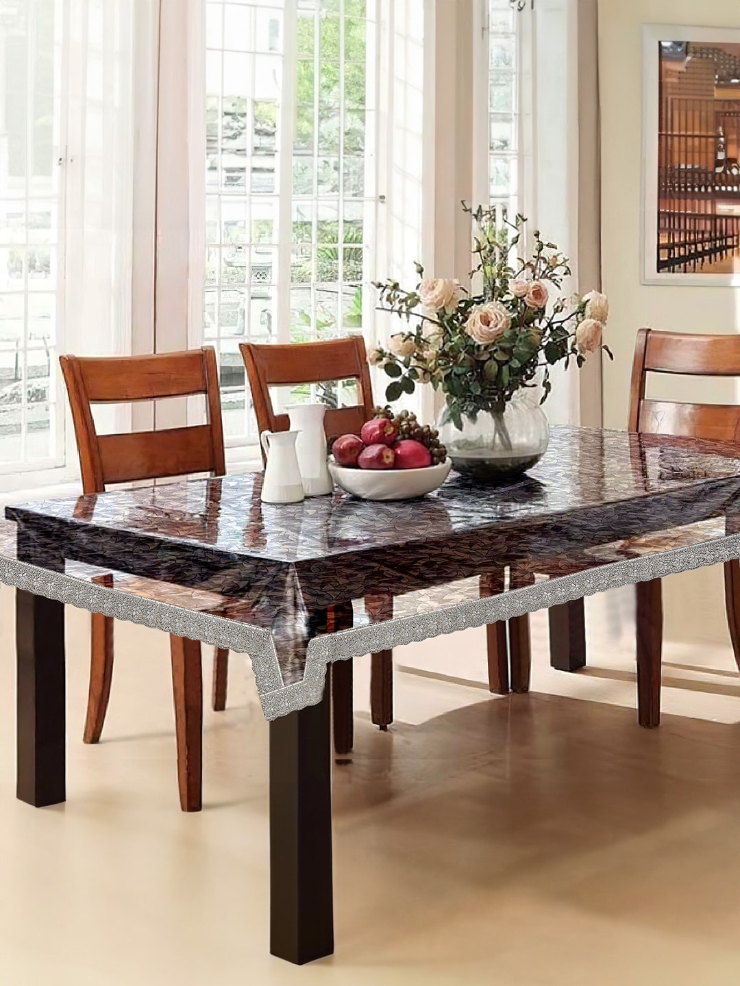 Cortina White Printed Border 4 Seater Table Cover, Silver