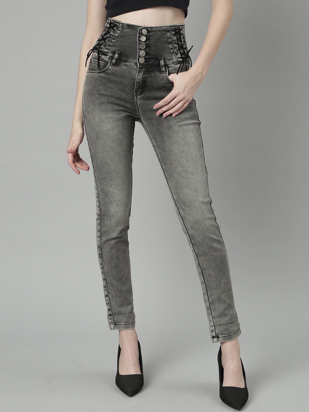 

SHOWOFF Women Jean Slim Fit Heavy Fade Clean Look Mid-Rise Acid Wash Stretchable Jeans, Grey