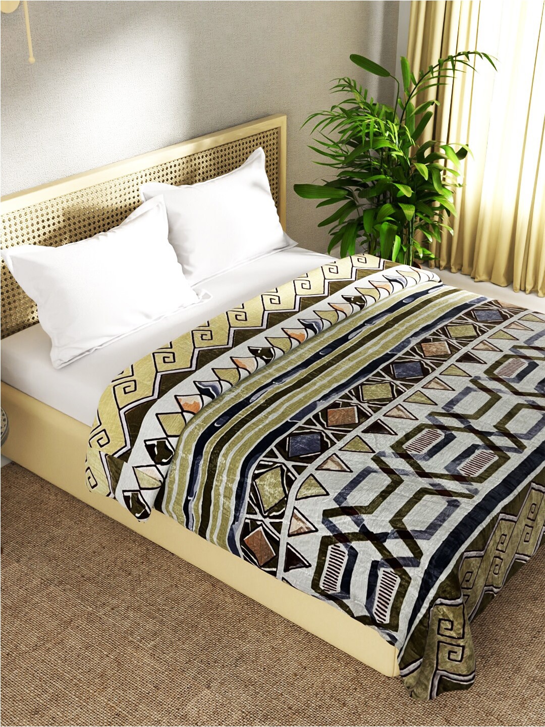 

BIANCA Beige & White Geometric Microfiber AC Room 300 GSM Double Bed Blanket