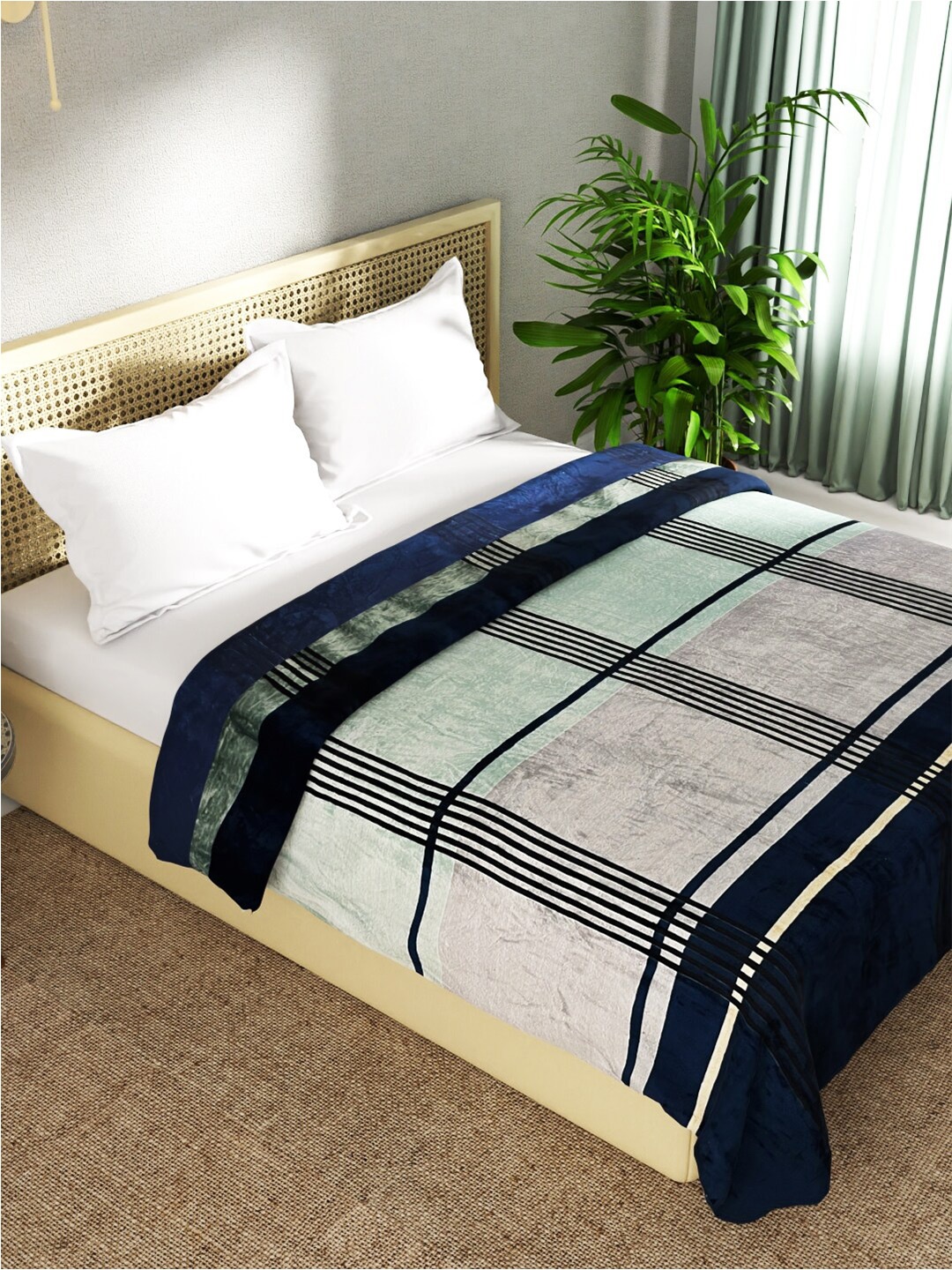 

BIANCA Nautical Blue & White Checked Microfiber AC Room 300 GSM Double Bed Blanket