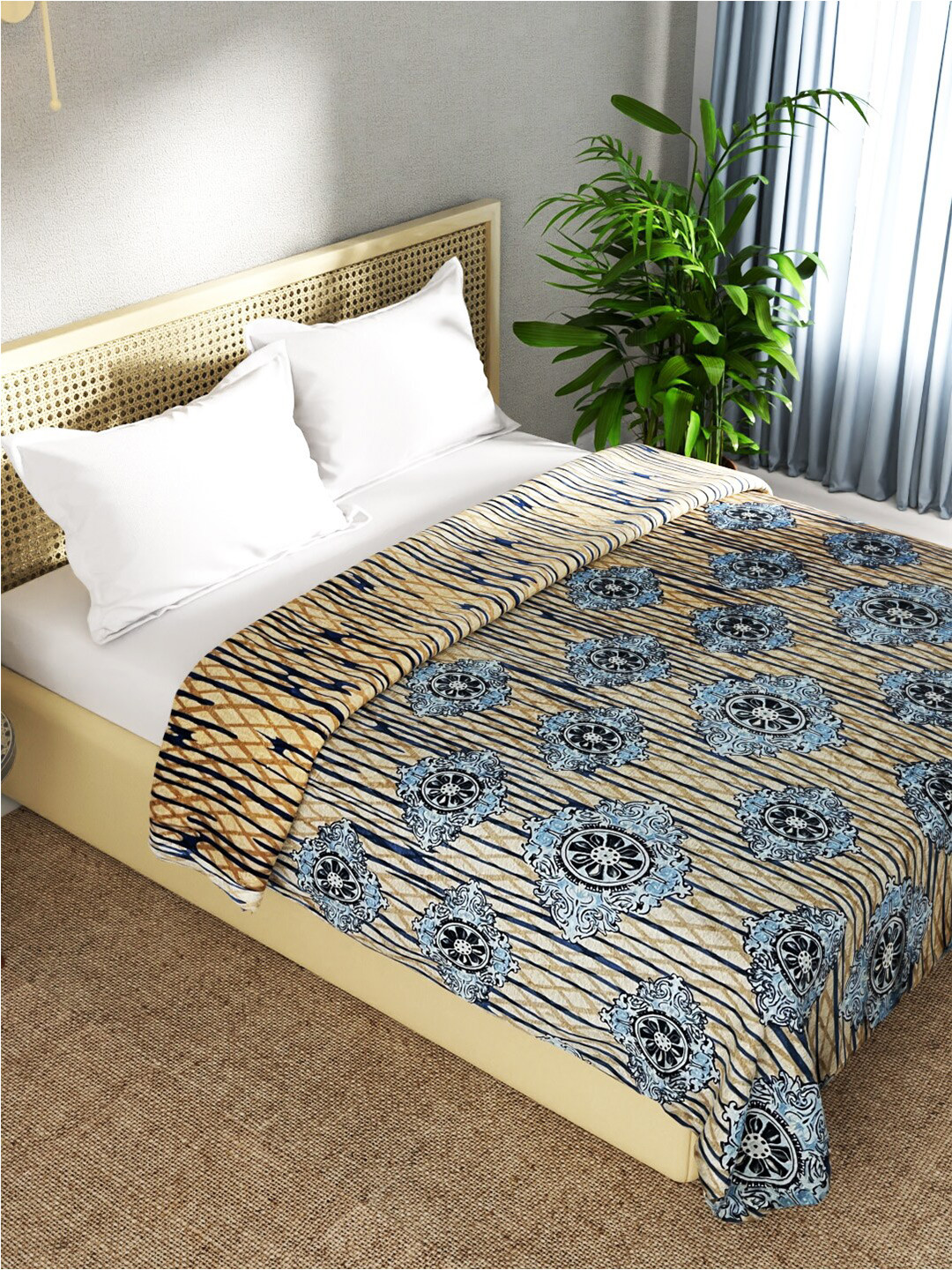 

BIANCA Brown & Blue Ethnic Motifs Microfiber AC Room 300 GSM Double Bed Blanket