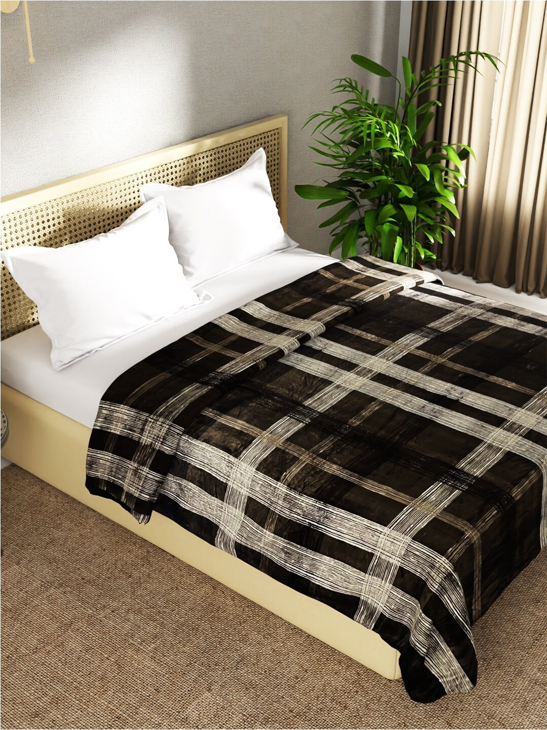 

BIANCA Brown & White Checked Microfiber AC Room 300 GSM Double Bed Blanket