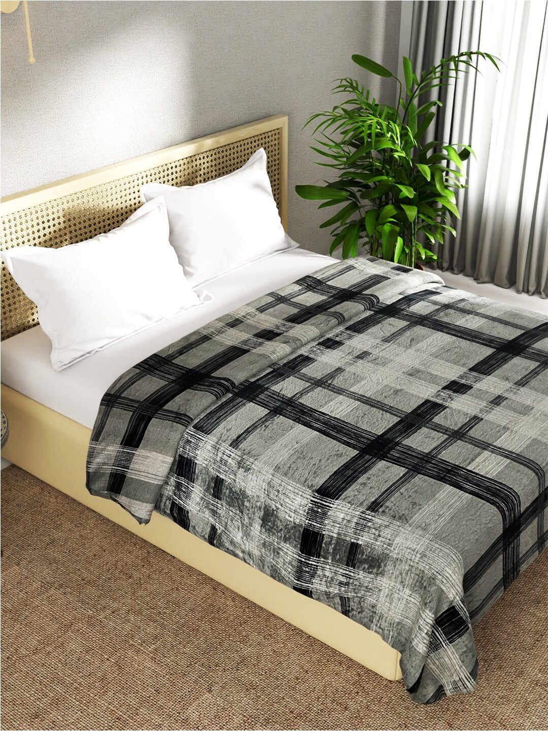

BIANCA Nautical Grey & White Checked Microfiber AC Room 300 GSM Double Bed Blanket