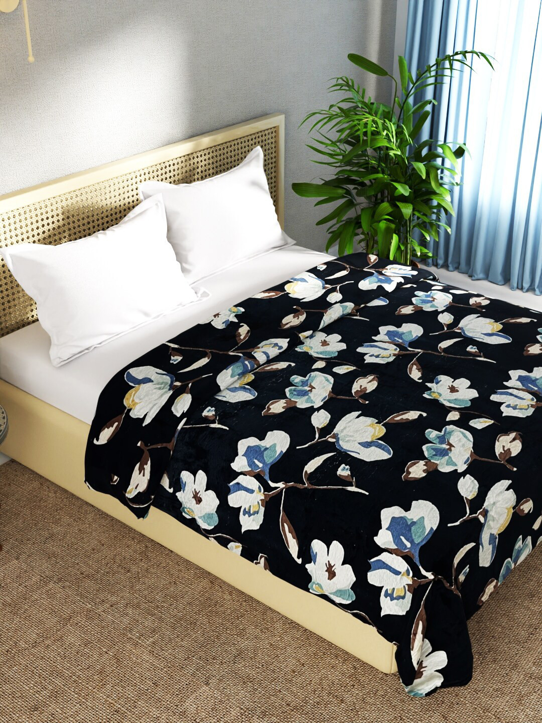 

BIANCA Nautical Navy Blue & White Floral Microfiber AC Room 300 GSM Double Bed Blanket