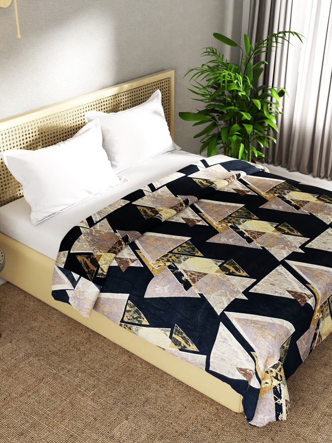 

BIANCA Beige & Blue Geometric Microfiber AC Room 300 GSM Double Bed Blanket