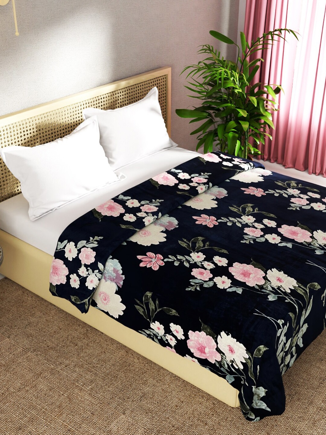 

BIANCA Nautical Navy Blue & Pink Floral Microfiber AC Room 300 GSM Double Bed Blanket